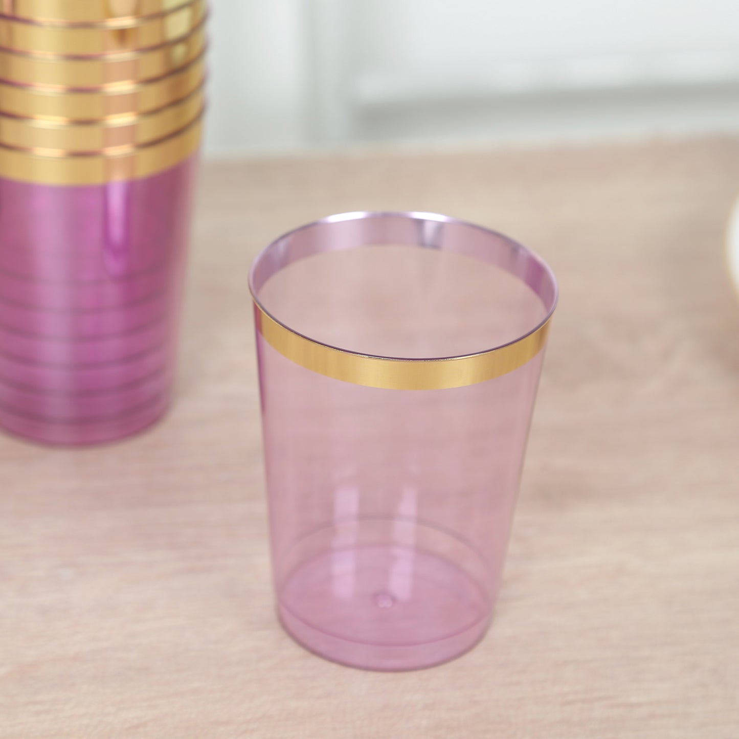 25 Pack Purple Crystal Plastic Tumbler Glasses with Gold Rim, 10oz Disposable Drink Glasses Party Cups