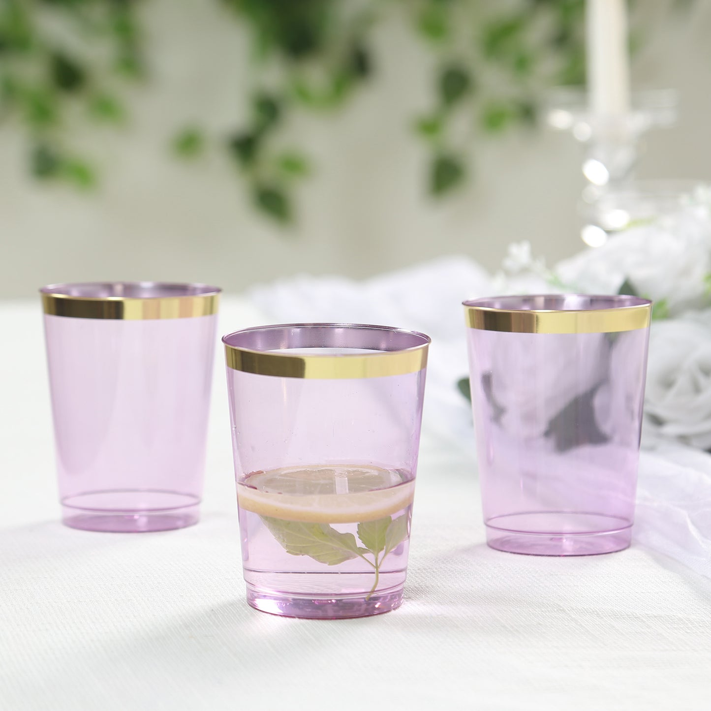 25 Pack Purple Crystal Plastic Tumbler Glasses with Gold Rim, 10oz Disposable Drink Glasses Party Cups