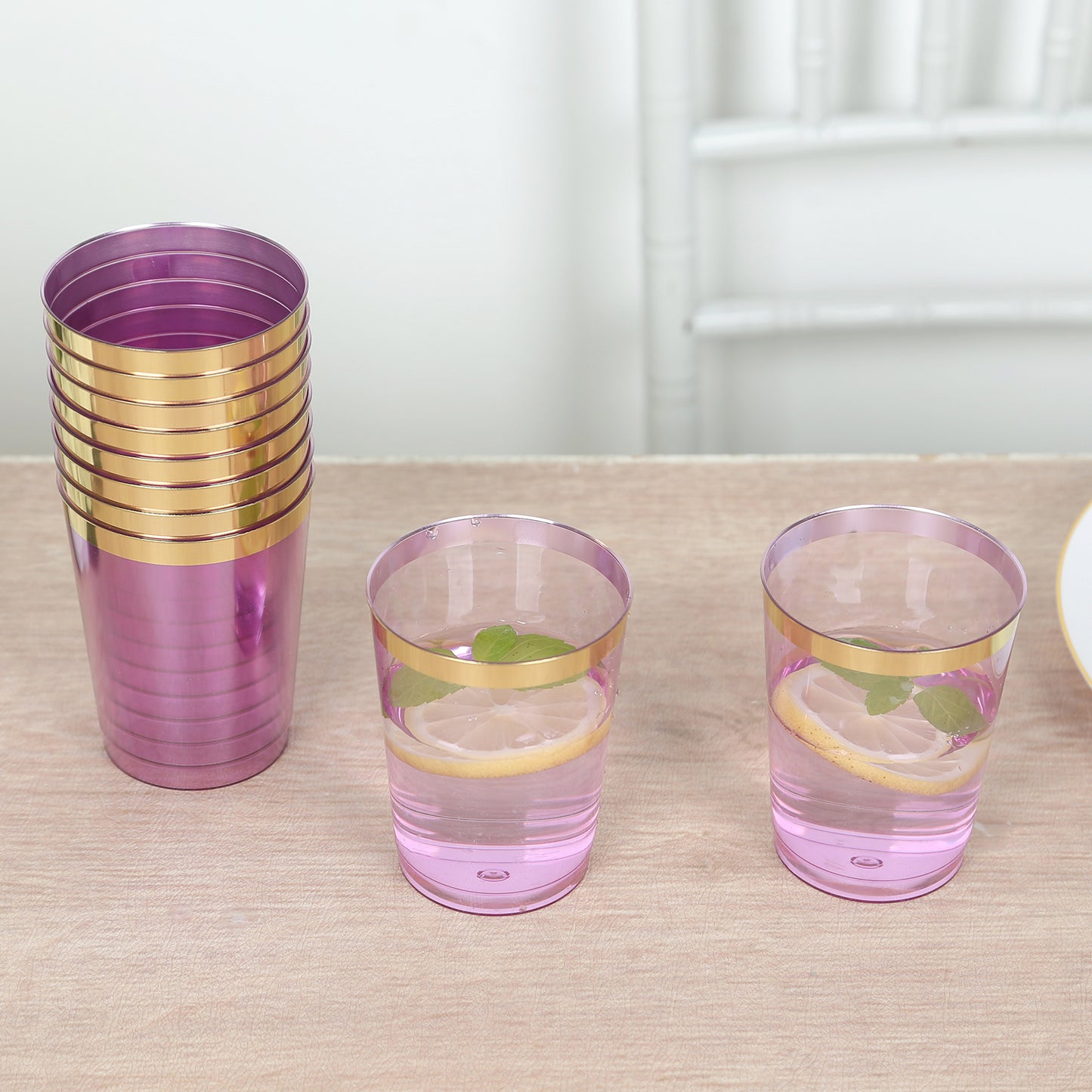 25 Pack Purple Crystal Plastic Tumbler Glasses with Gold Rim, 10oz Disposable Drink Glasses Party Cups