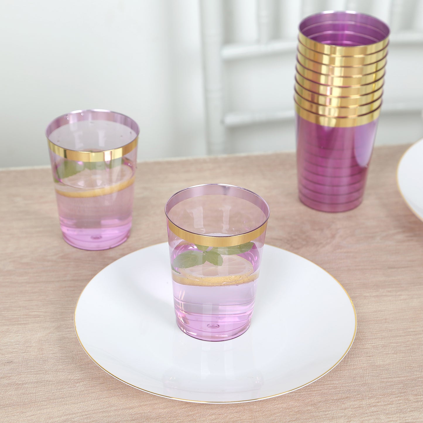 25 Pack Purple Crystal Plastic Tumbler Glasses with Gold Rim, 10oz Disposable Drink Glasses Party Cups