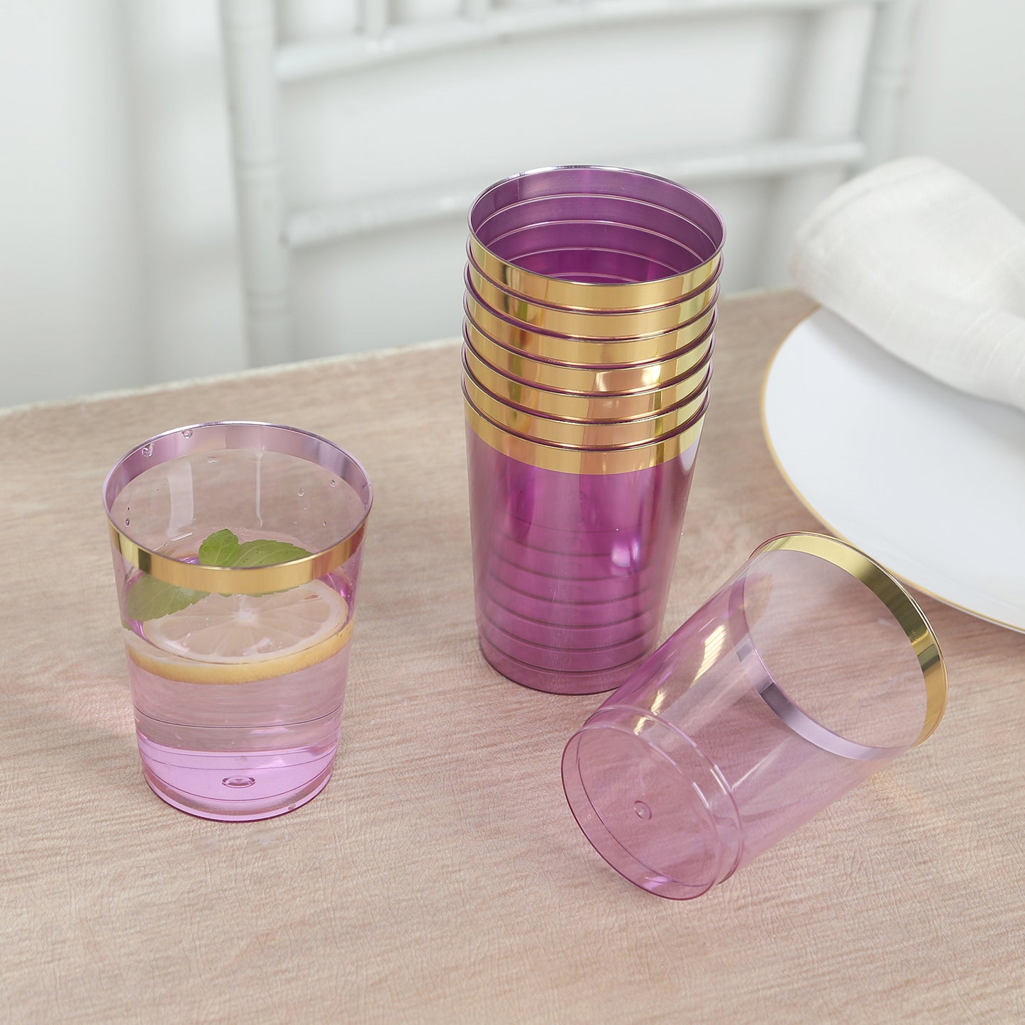 25 Pack Purple Crystal Plastic Tumbler Glasses with Gold Rim, 10oz Disposable Drink Glasses Party Cups