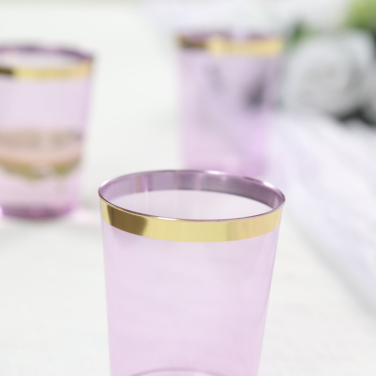 25 Pack Purple Crystal Plastic Tumbler Glasses with Gold Rim, 10oz Disposable Drink Glasses Party Cups