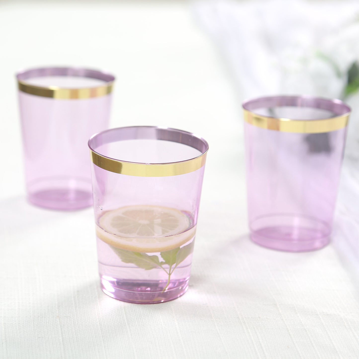 25 Pack Purple Crystal Plastic Tumbler Glasses with Gold Rim, 10oz Disposable Drink Glasses Party Cups