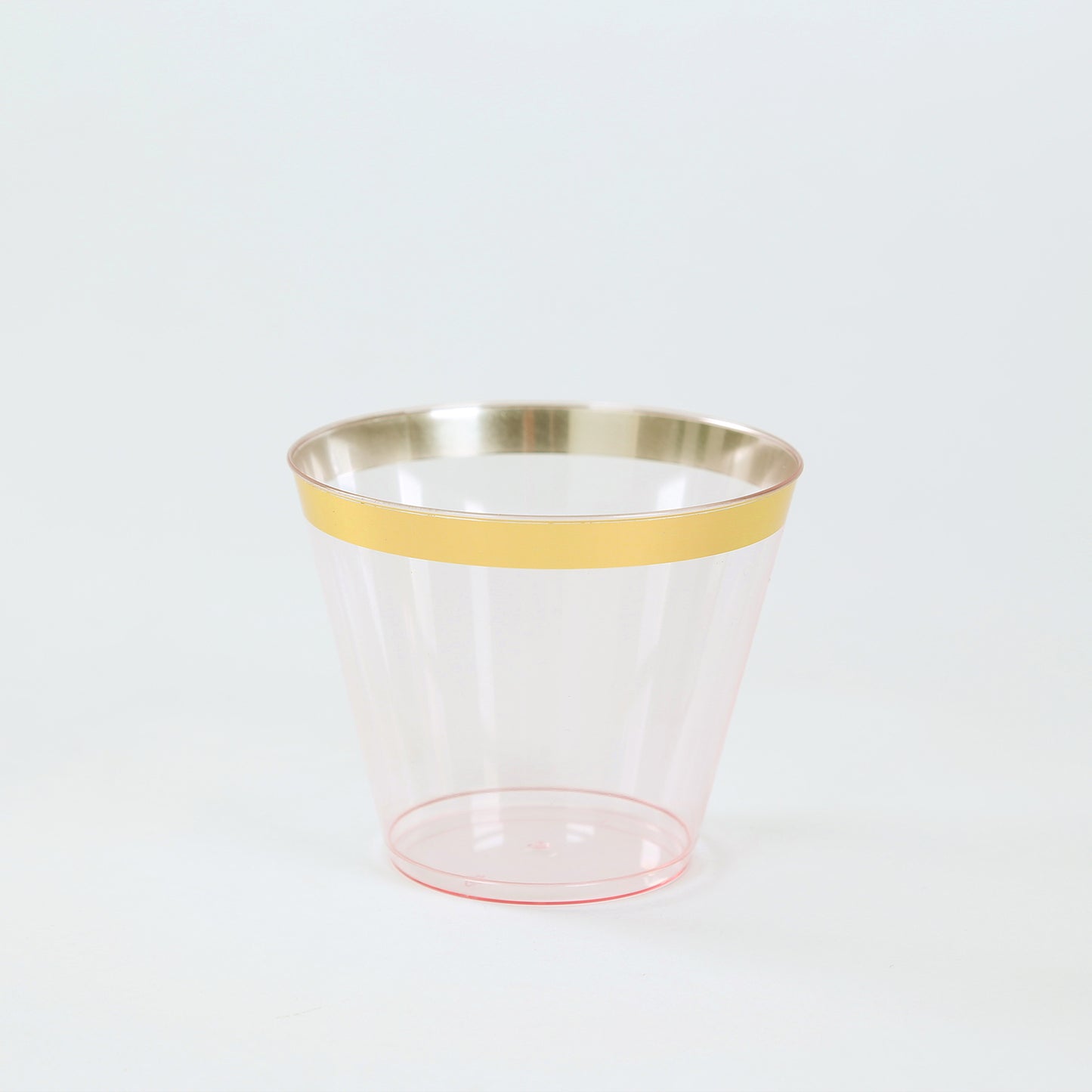 25 Pack 9oz Transparent Blush Disposable Tumbler Glasses with Gold Rim, Short Crystal Plastic Party Cups