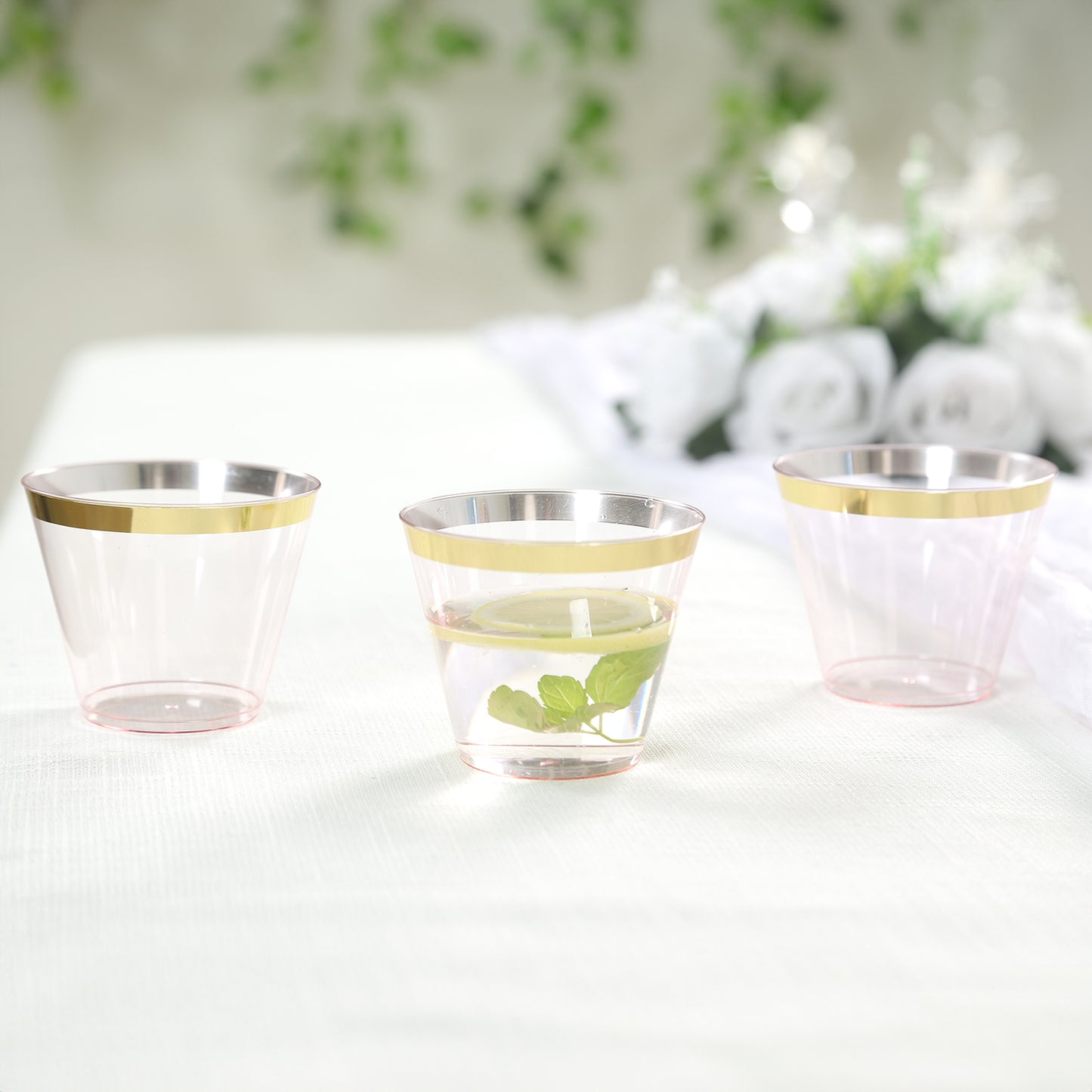 25 Pack 9oz Transparent Blush Disposable Tumbler Glasses with Gold Rim, Short Crystal Plastic Party Cups