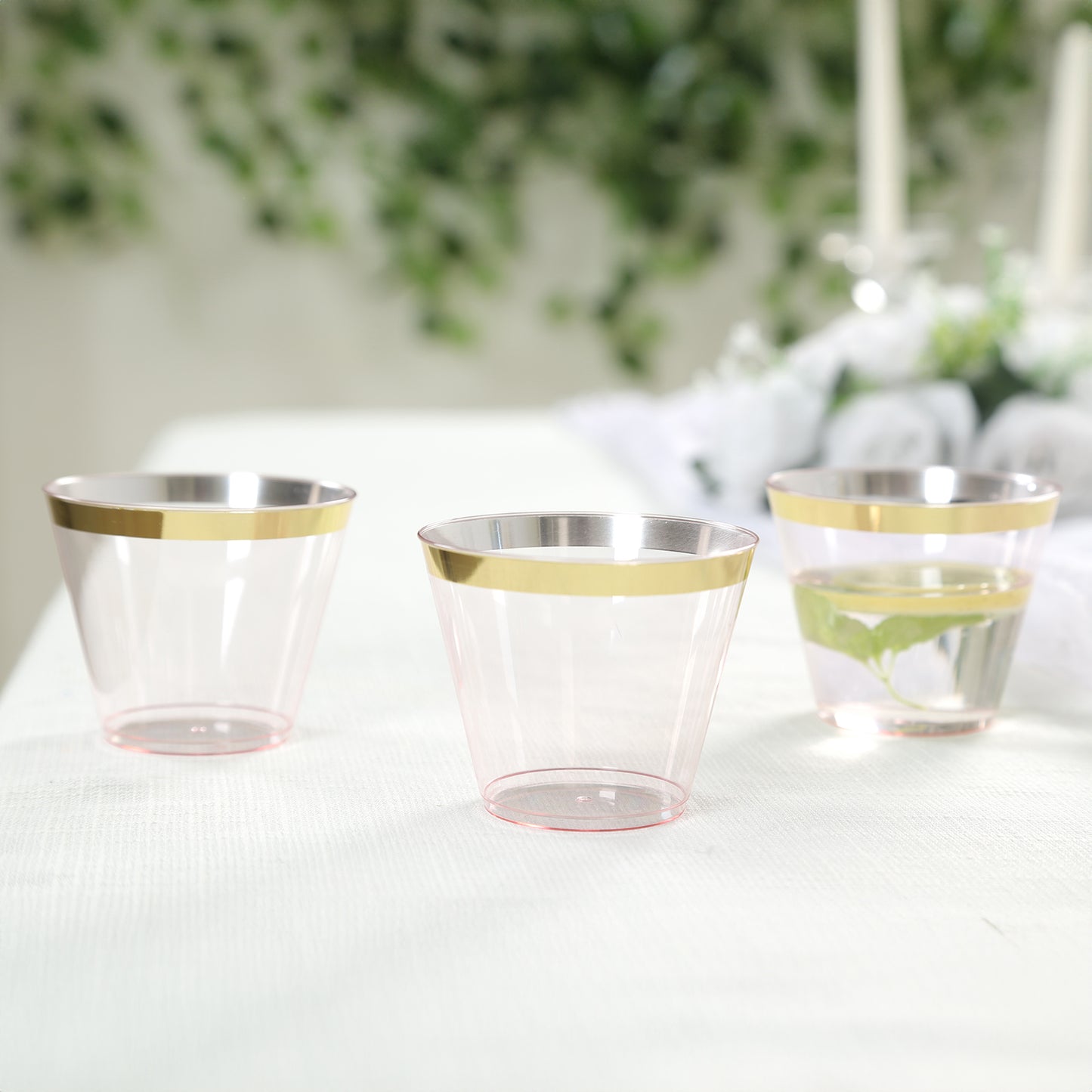 25 Pack 9oz Transparent Blush Disposable Tumbler Glasses with Gold Rim, Short Crystal Plastic Party Cups