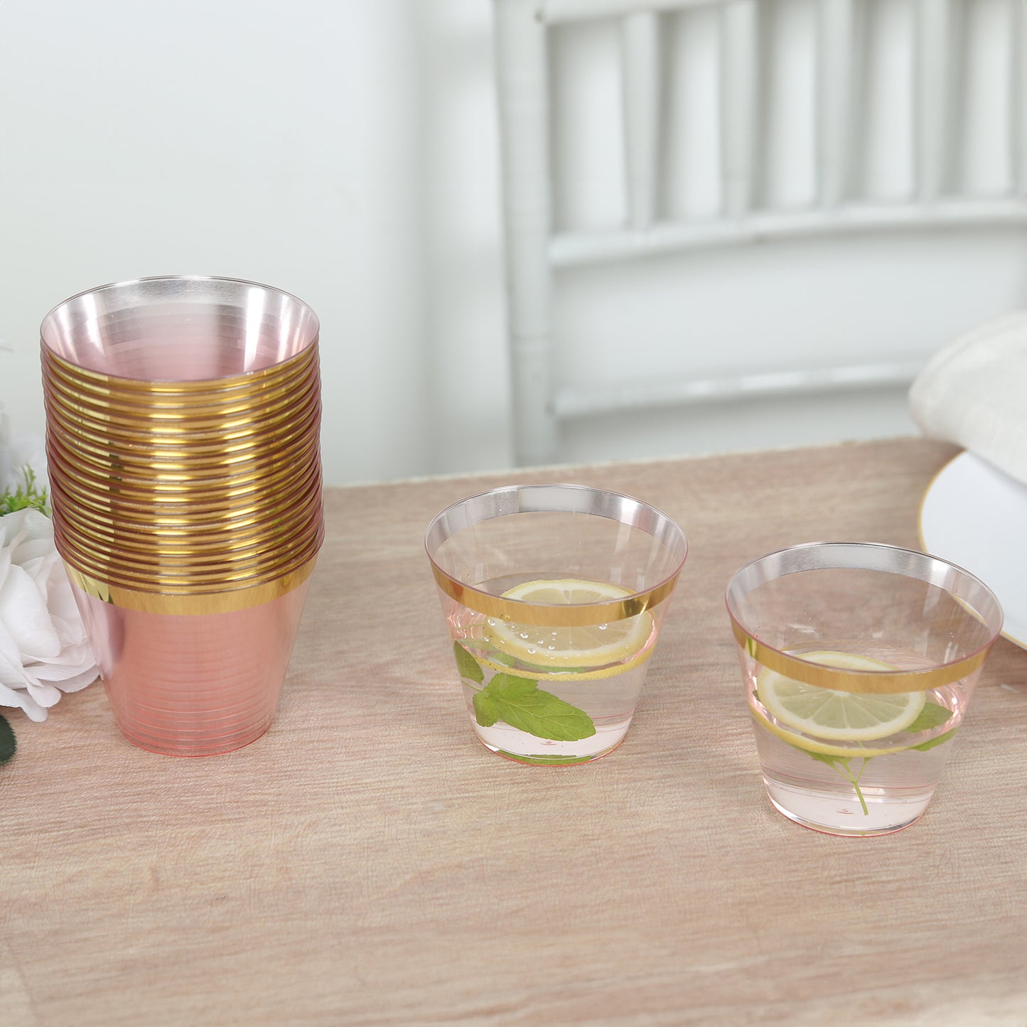 25 Pack 9oz Transparent Blush Disposable Tumbler Glasses with Gold Rim, Short Crystal Plastic Party Cups