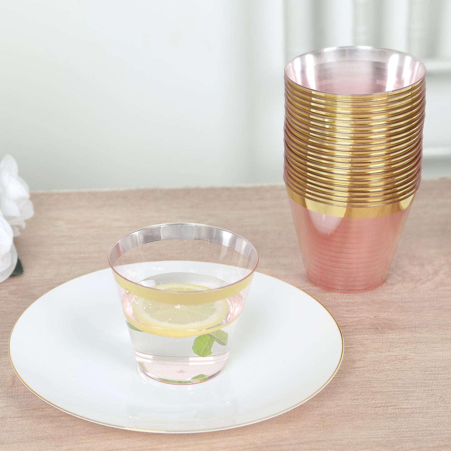 25 Pack 9oz Transparent Blush Disposable Tumbler Glasses with Gold Rim, Short Crystal Plastic Party Cups