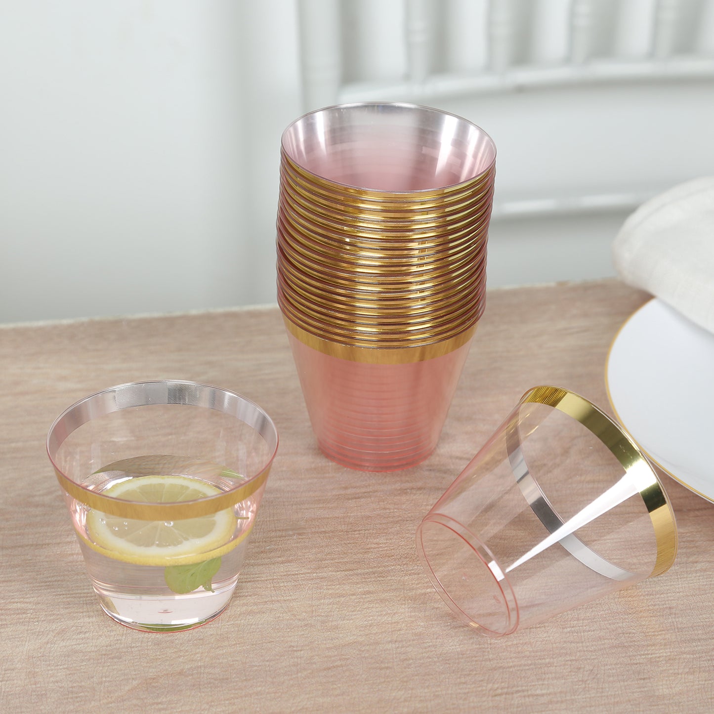 25 Pack 9oz Transparent Blush Disposable Tumbler Glasses with Gold Rim, Short Crystal Plastic Party Cups