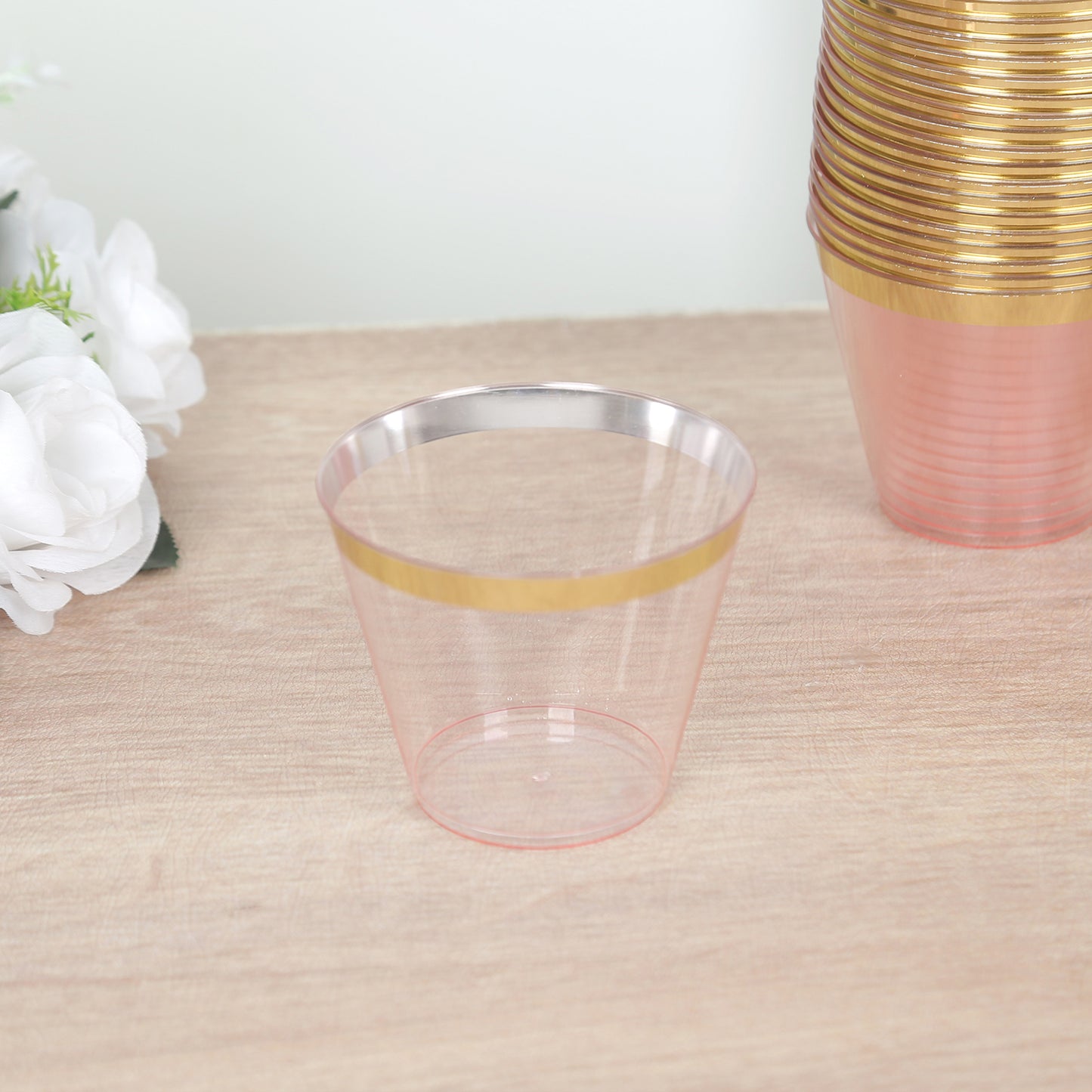 25 Pack 9oz Transparent Blush Disposable Tumbler Glasses with Gold Rim, Short Crystal Plastic Party Cups