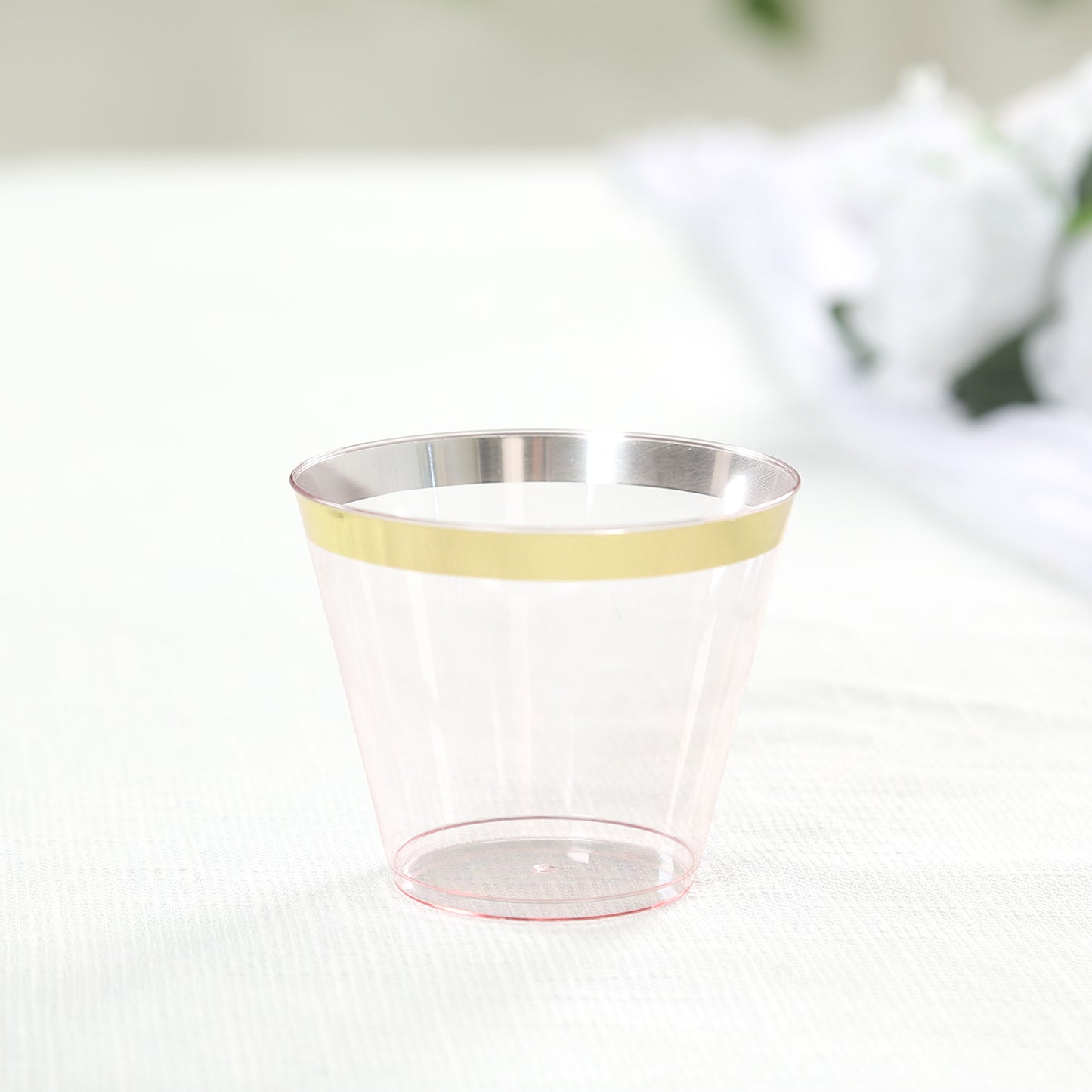 25 Pack 9oz Transparent Blush Disposable Tumbler Glasses with Gold Rim, Short Crystal Plastic Party Cups