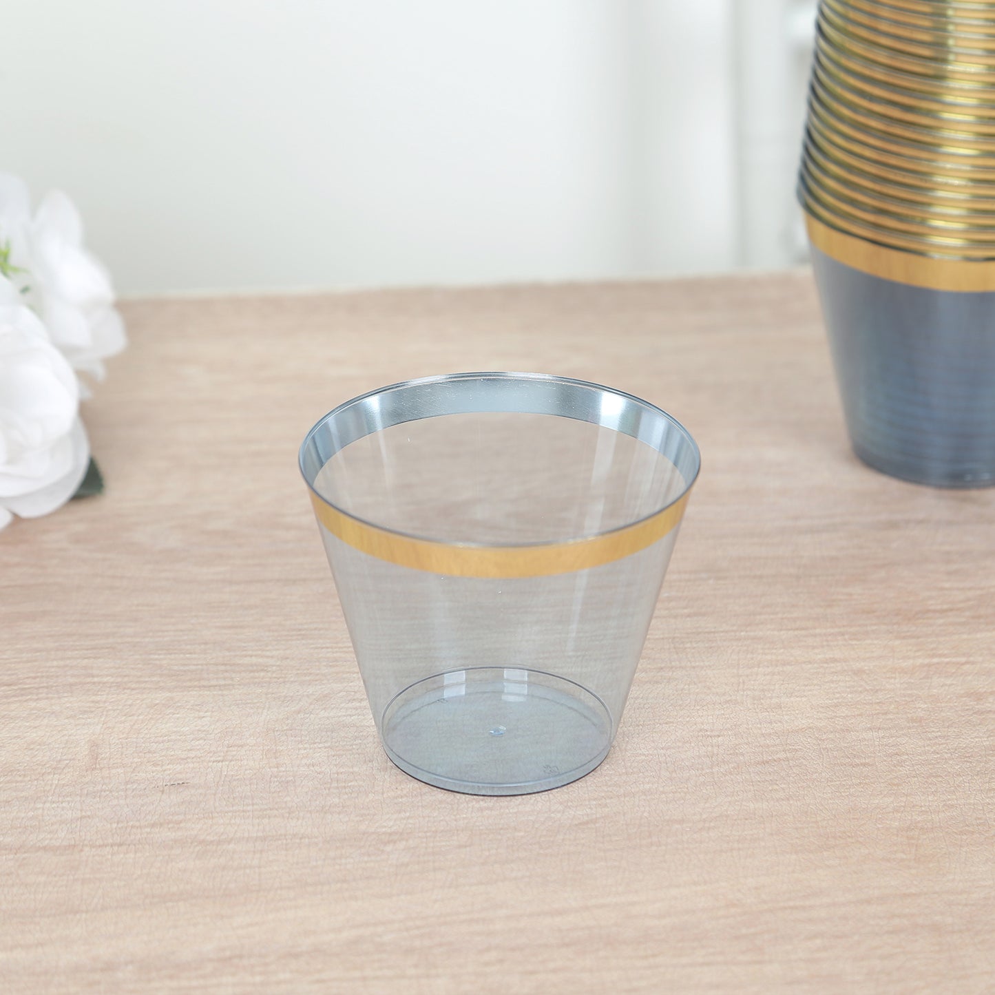 25 Pack 9oz Dusty Blue Disposable Tumbler Glasses with Gold Rim, Short Crystal Plastic Party Cups