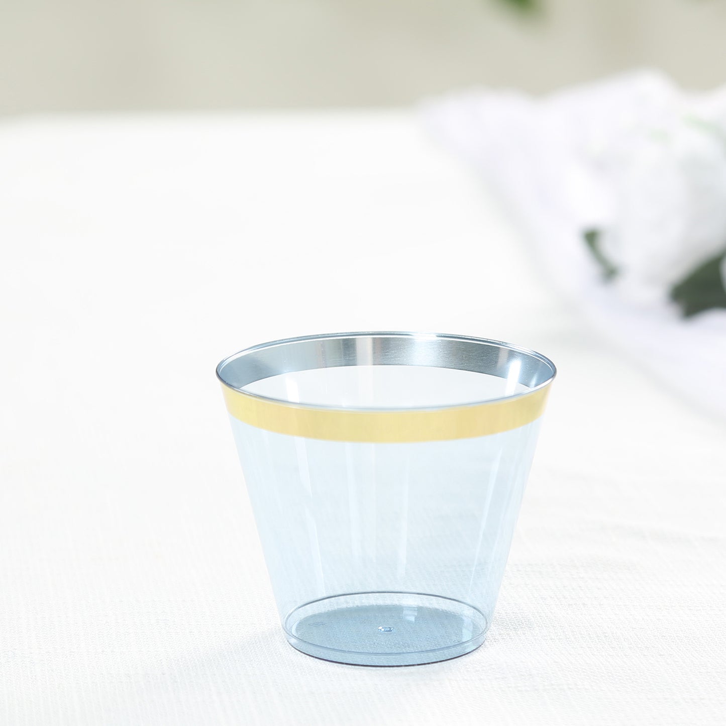 25 Pack 9oz Dusty Blue Disposable Tumbler Glasses with Gold Rim, Short Crystal Plastic Party Cups