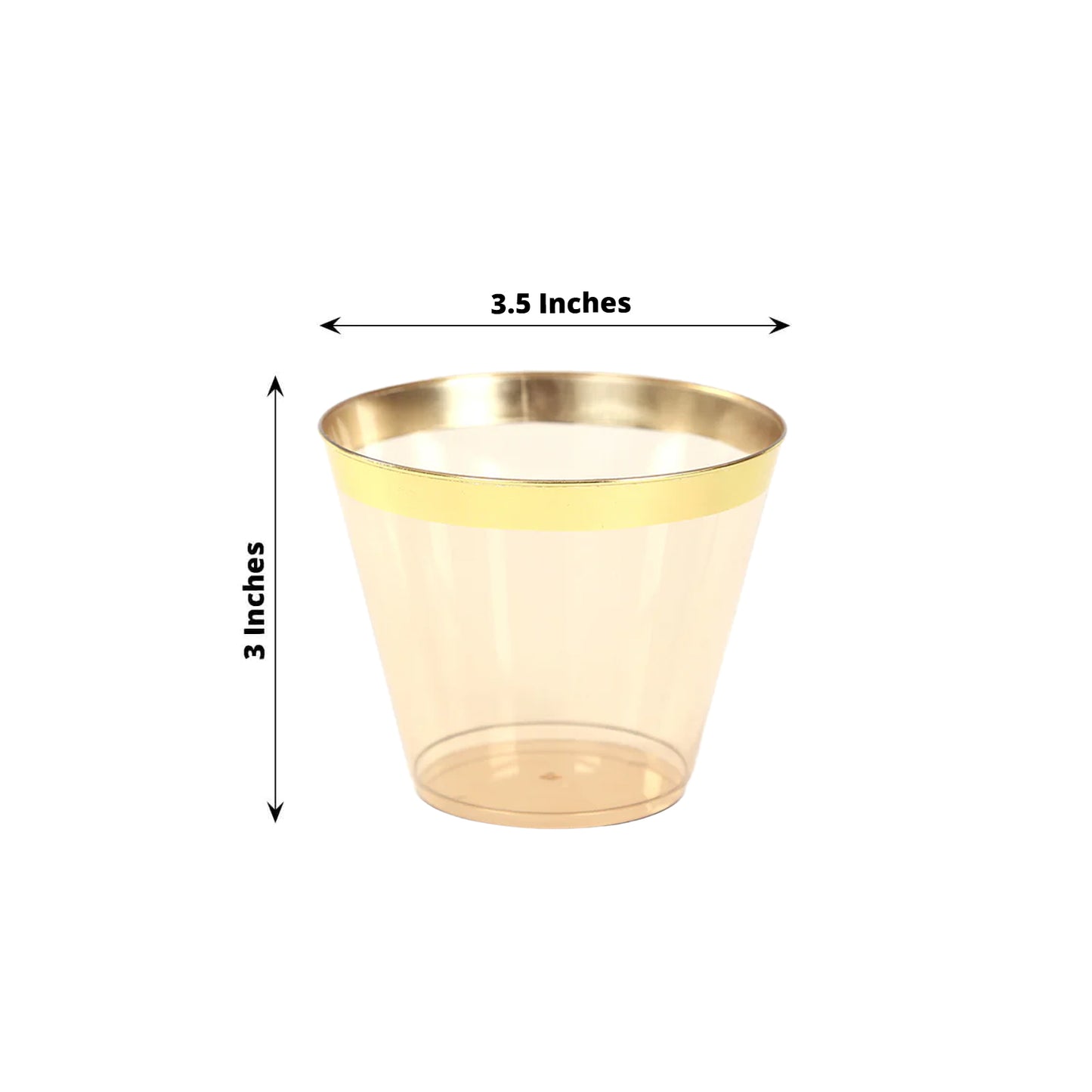 25 Pack 9oz Amber Gold Disposable Tumbler Glasses with Gold Rim, Short Crystal Plastic Party Cups