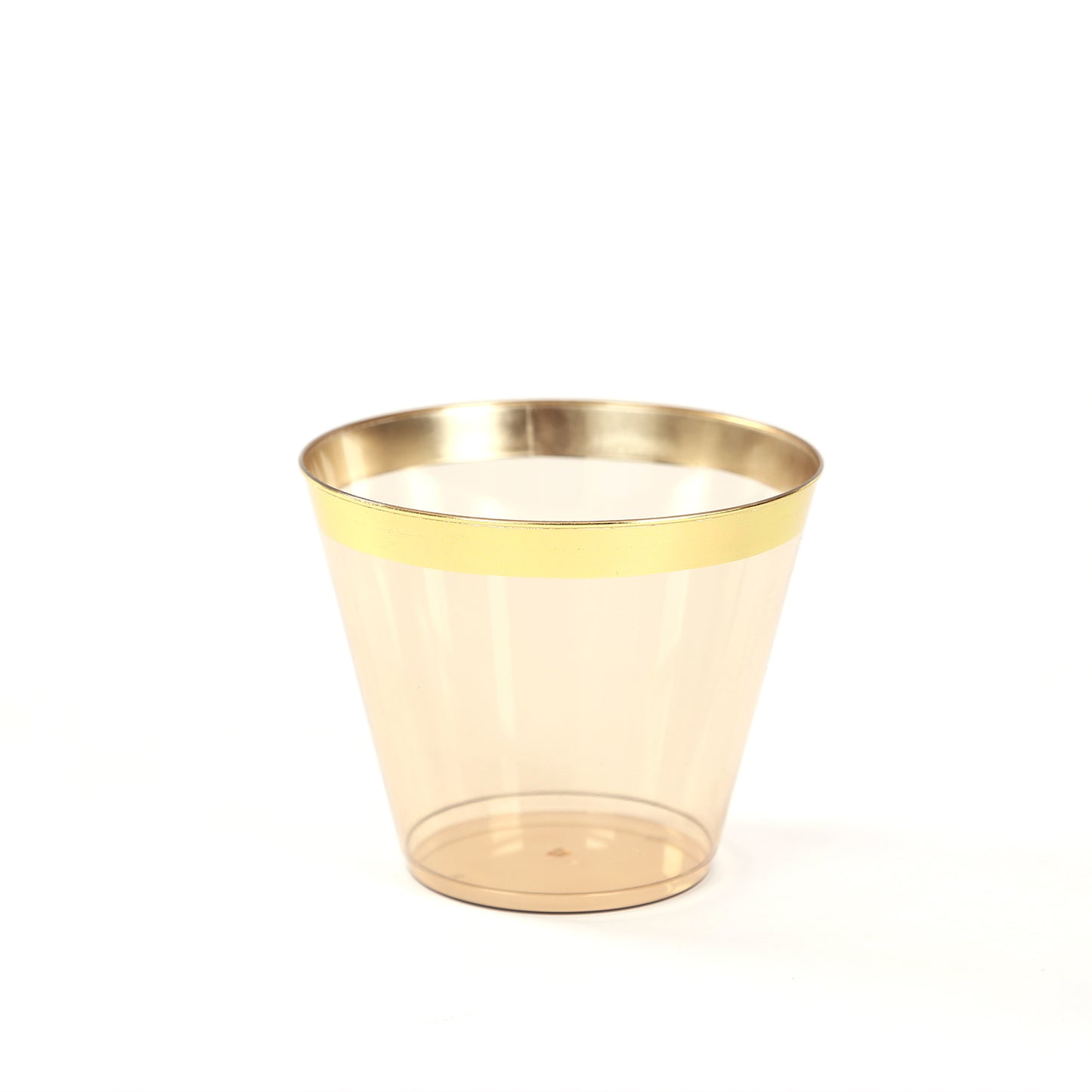 25 Pack 9oz Amber Gold Disposable Tumbler Glasses with Gold Rim, Short Crystal Plastic Party Cups