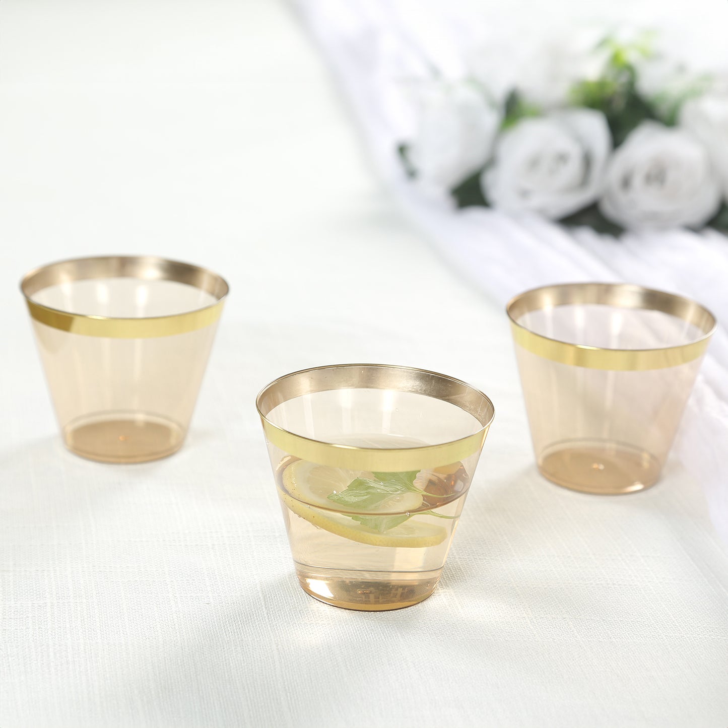 25 Pack 9oz Amber Gold Disposable Tumbler Glasses with Gold Rim, Short Crystal Plastic Party Cups