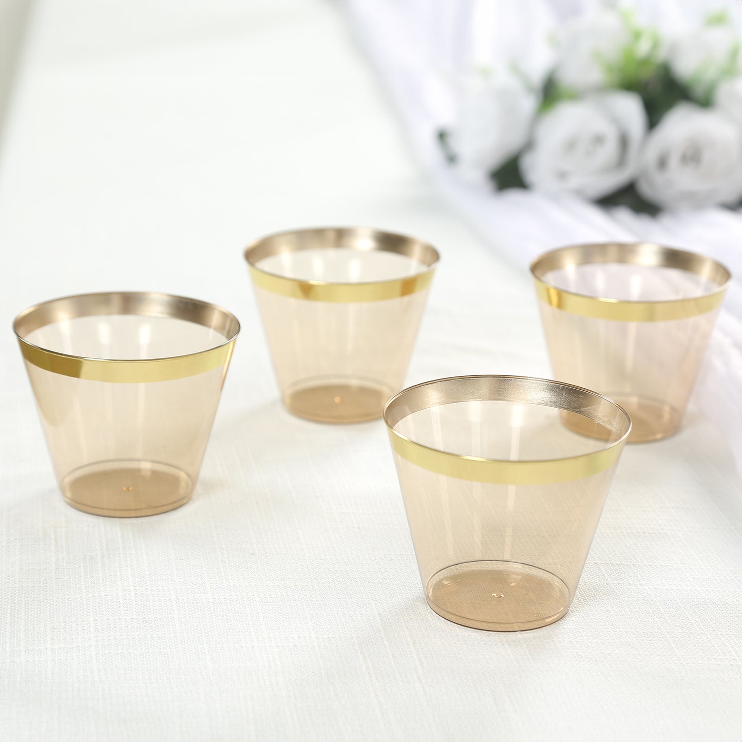 25 Pack 9oz Amber Gold Disposable Tumbler Glasses with Gold Rim, Short Crystal Plastic Party Cups