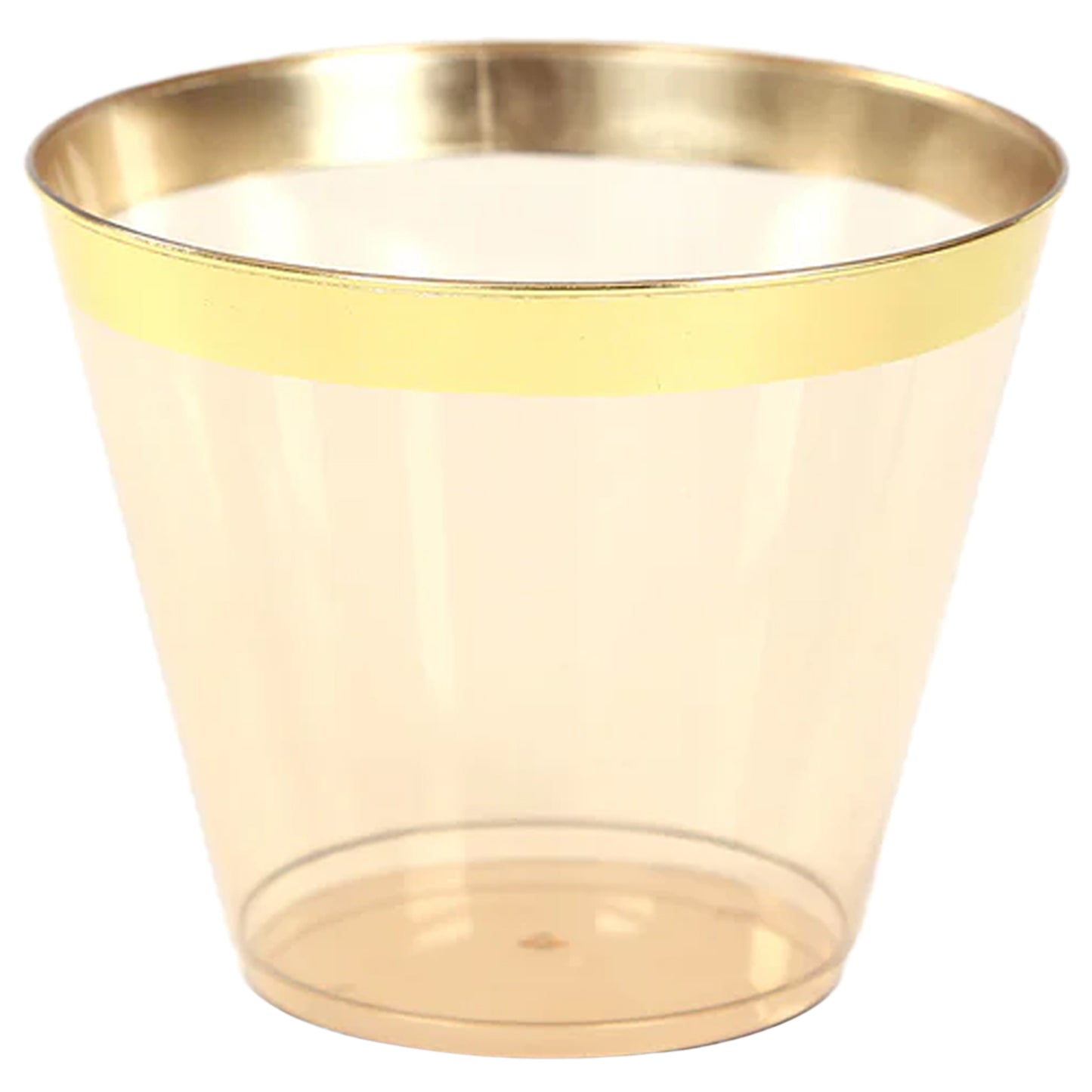 25 Pack 9oz Amber Gold Disposable Tumbler Glasses with Gold Rim, Short Crystal Plastic Party Cups