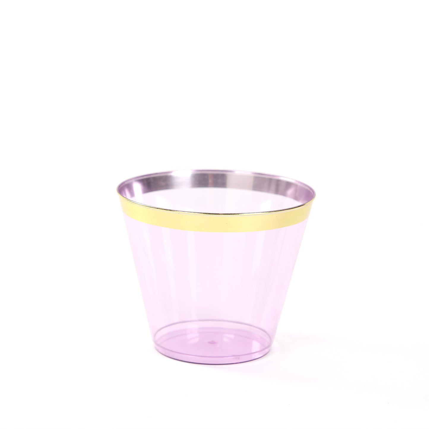 25 Pack 9oz Purple Disposable Tumbler Glasses with Gold Rim, Short Crystal Plastic Party Cups