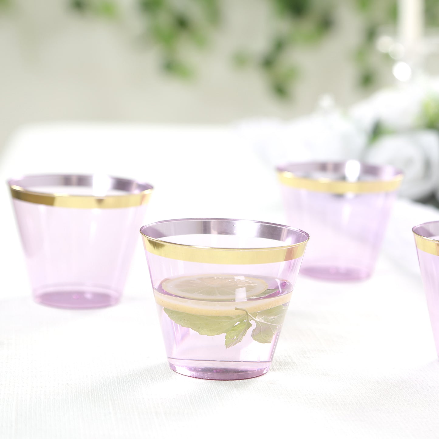 25 Pack 9oz Purple Disposable Tumbler Glasses with Gold Rim, Short Crystal Plastic Party Cups