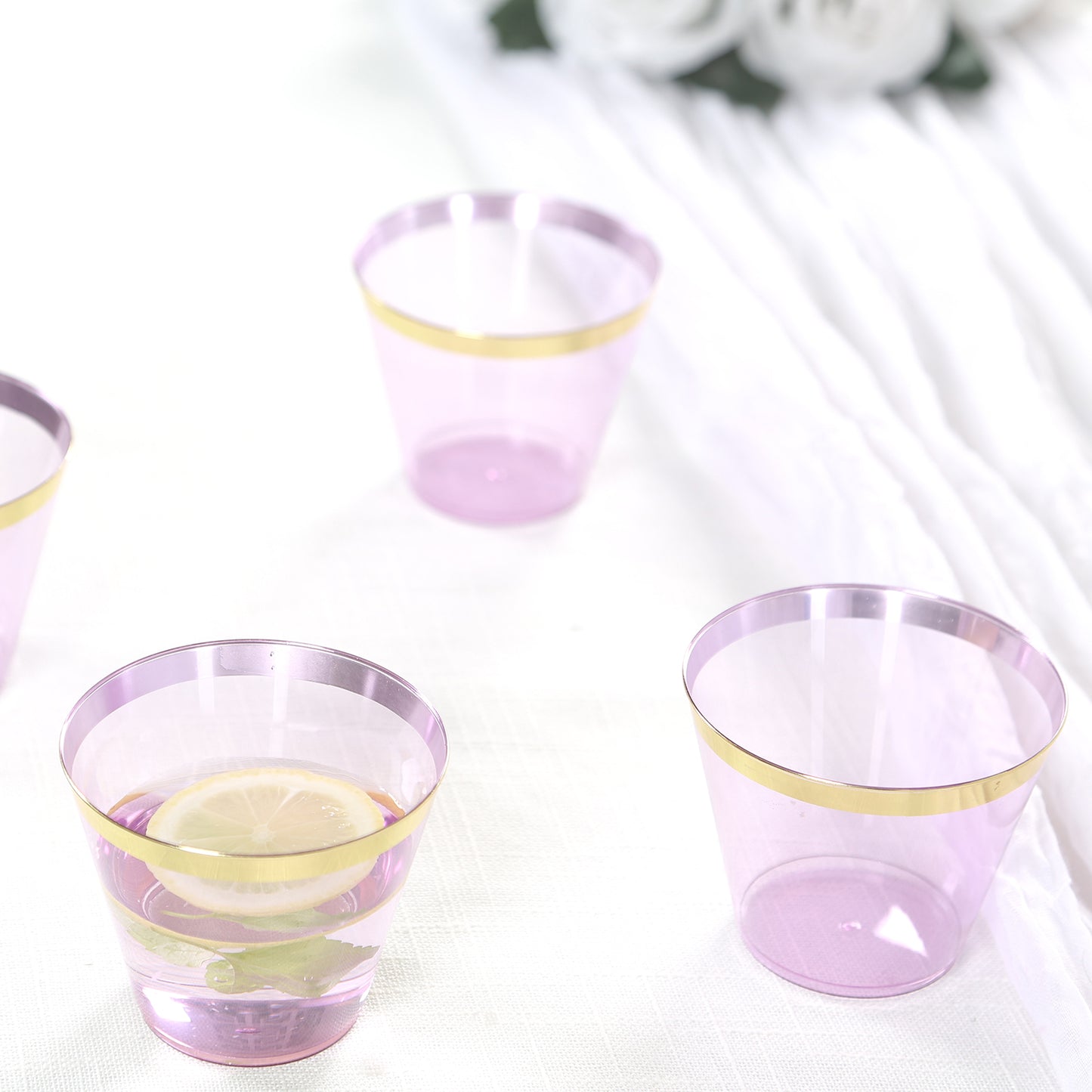 25 Pack 9oz Purple Disposable Tumbler Glasses with Gold Rim, Short Crystal Plastic Party Cups