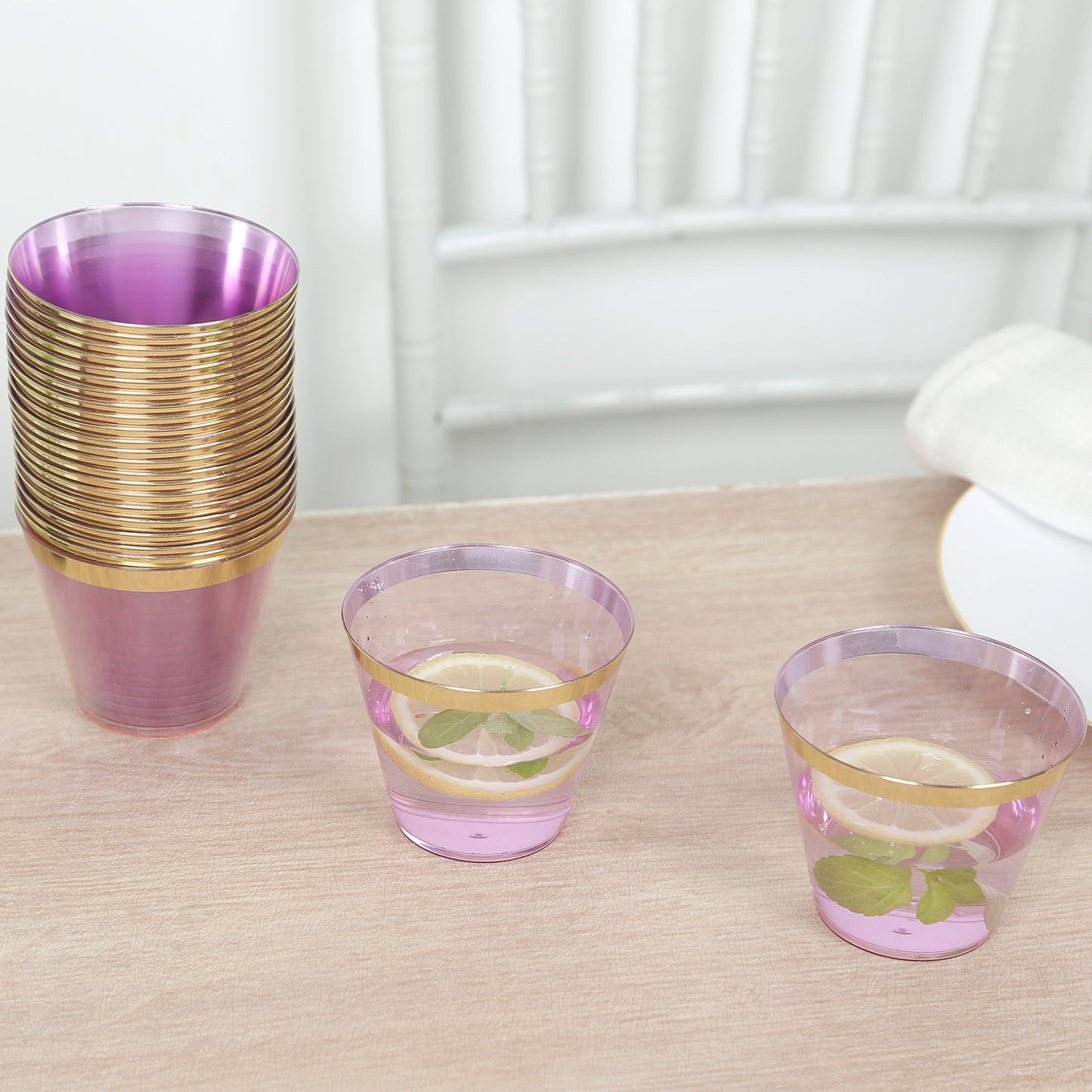 25 Pack 9oz Purple Disposable Tumbler Glasses with Gold Rim, Short Crystal Plastic Party Cups