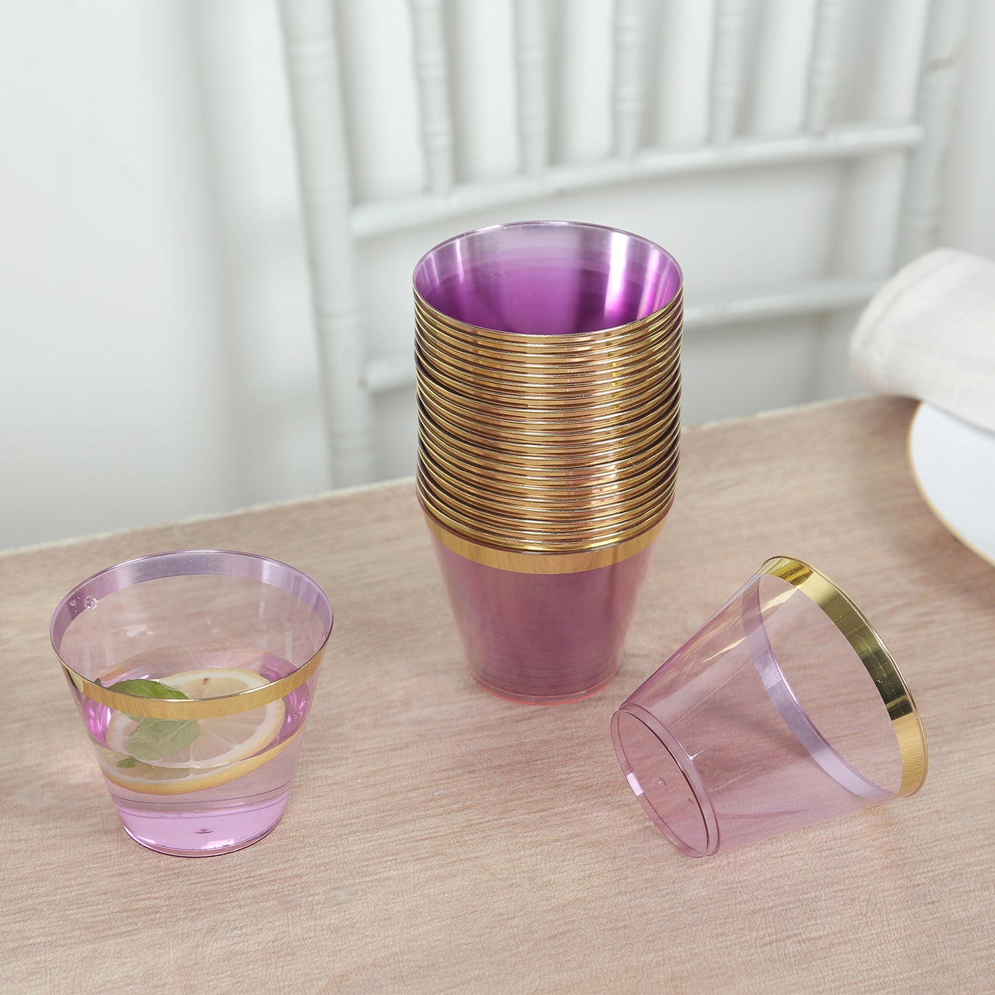 25 Pack 9oz Purple Disposable Tumbler Glasses with Gold Rim, Short Crystal Plastic Party Cups