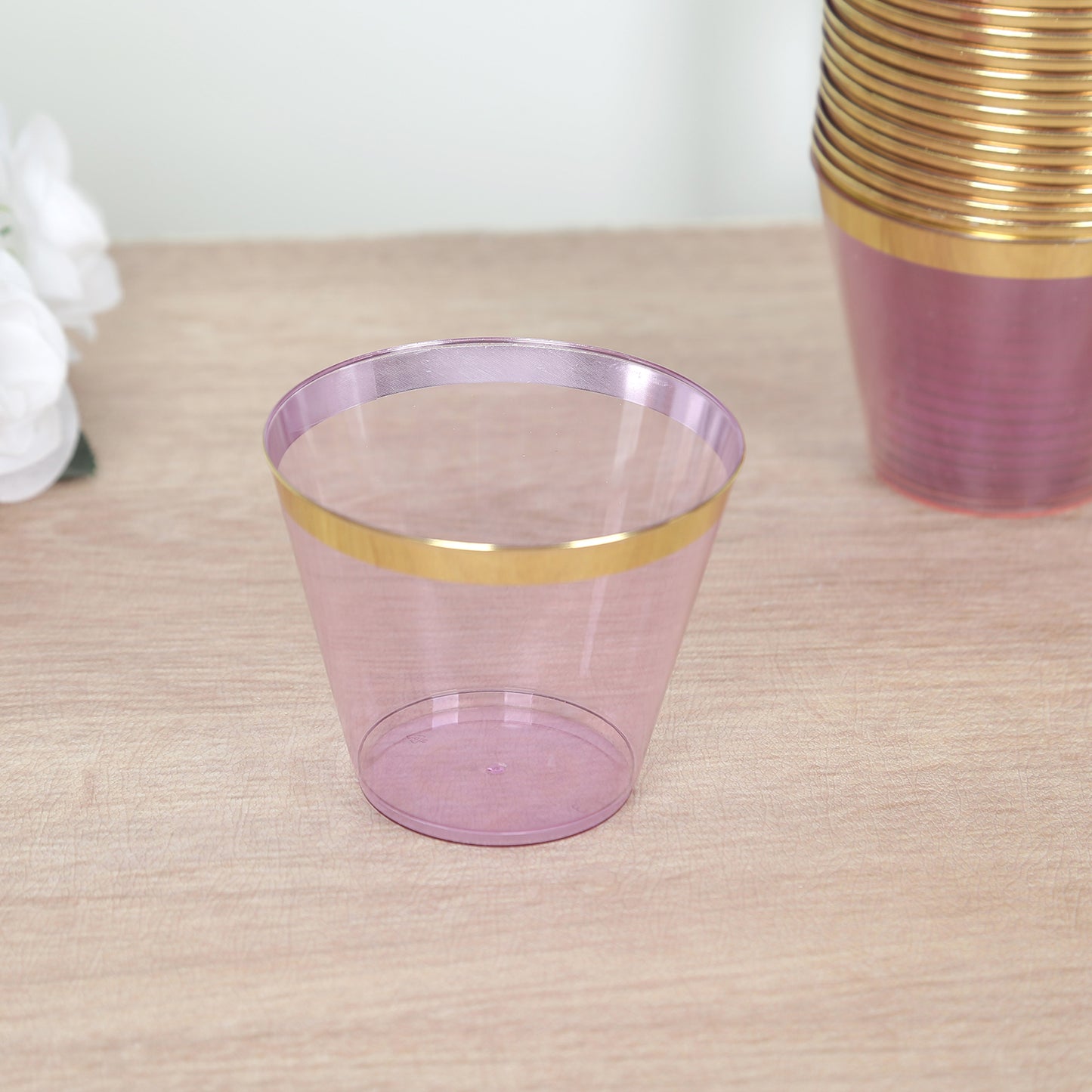 25 Pack 9oz Purple Disposable Tumbler Glasses with Gold Rim, Short Crystal Plastic Party Cups