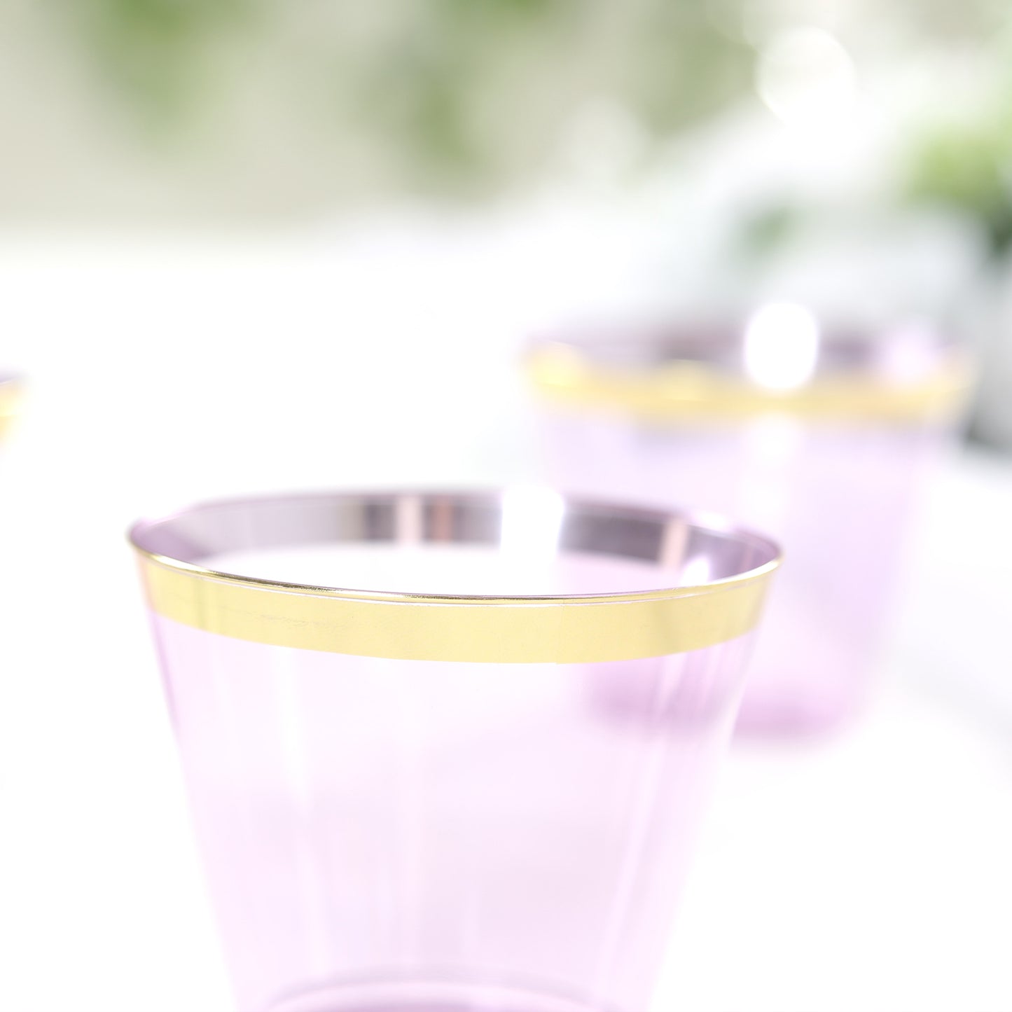 25 Pack 9oz Purple Disposable Tumbler Glasses with Gold Rim, Short Crystal Plastic Party Cups