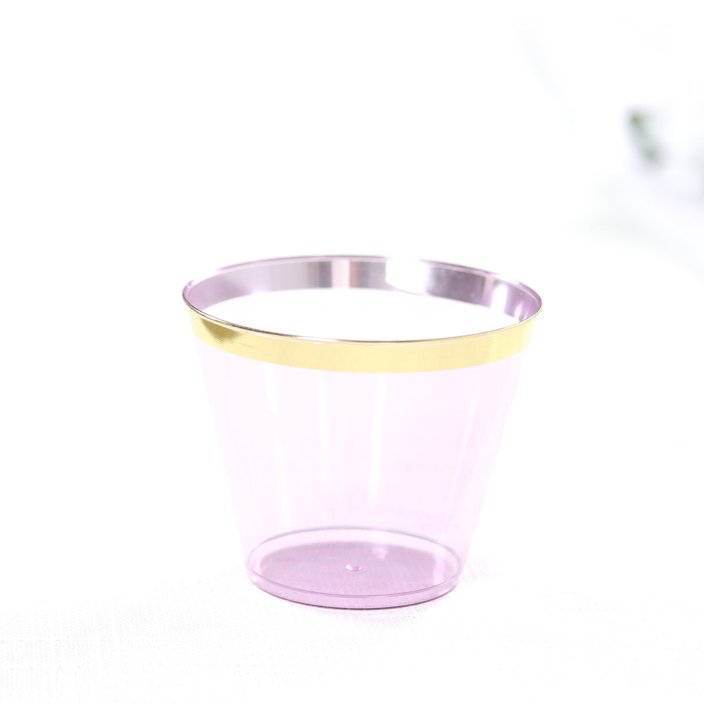 25 Pack 9oz Purple Disposable Tumbler Glasses with Gold Rim, Short Crystal Plastic Party Cups