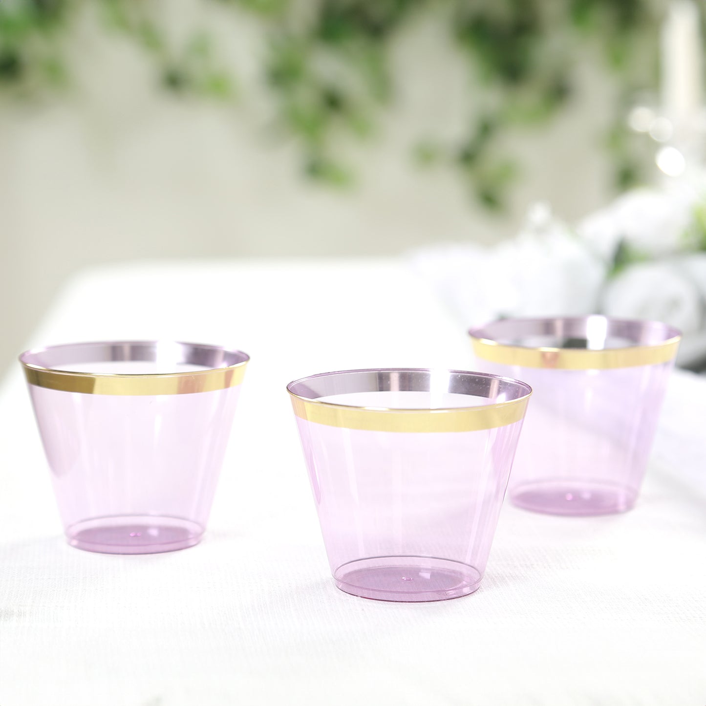 25 Pack 9oz Purple Disposable Tumbler Glasses with Gold Rim, Short Crystal Plastic Party Cups