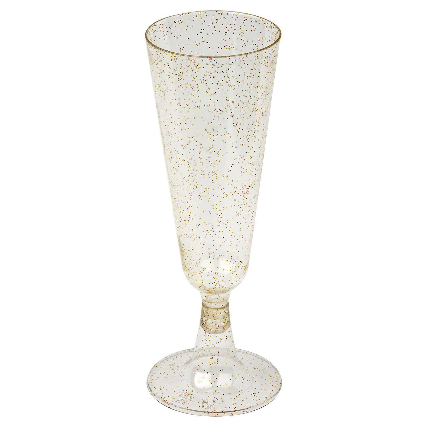 12 Pack | 5oz Gold Glittered Short Stem Plastic Champagne Glasses, Disposable Trumpet Flutes With Detachable Base