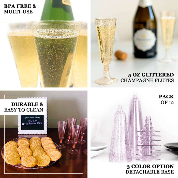 12 Pack | 5oz Gold Glittered Short Stem Plastic Champagne Glasses, Disposable Trumpet Flutes With Detachable Base