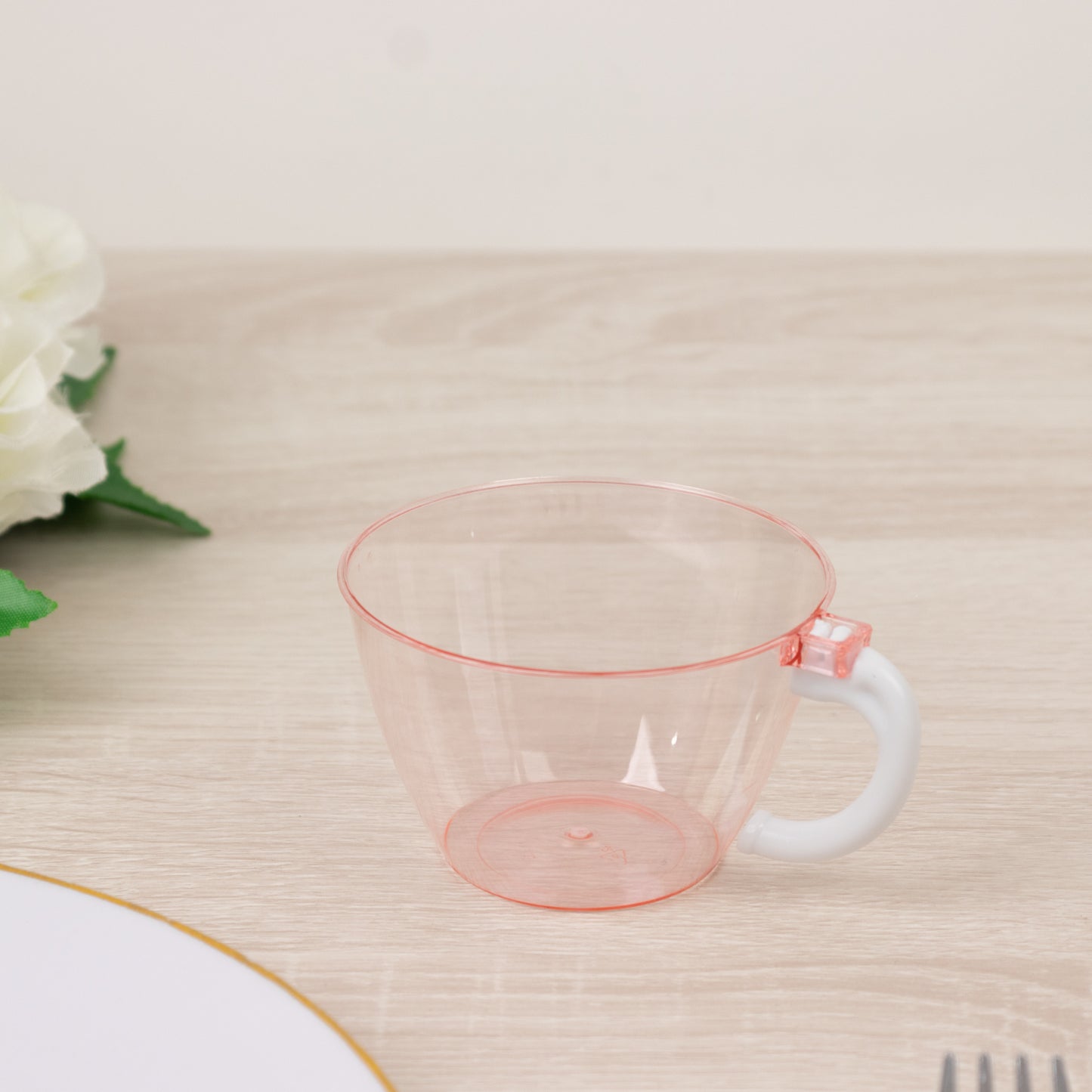 25-Pack Disposable Plastic Coffee Cups with Handles - 6oz Transparent Blush Hard Tea Mugs for Hot Beverages