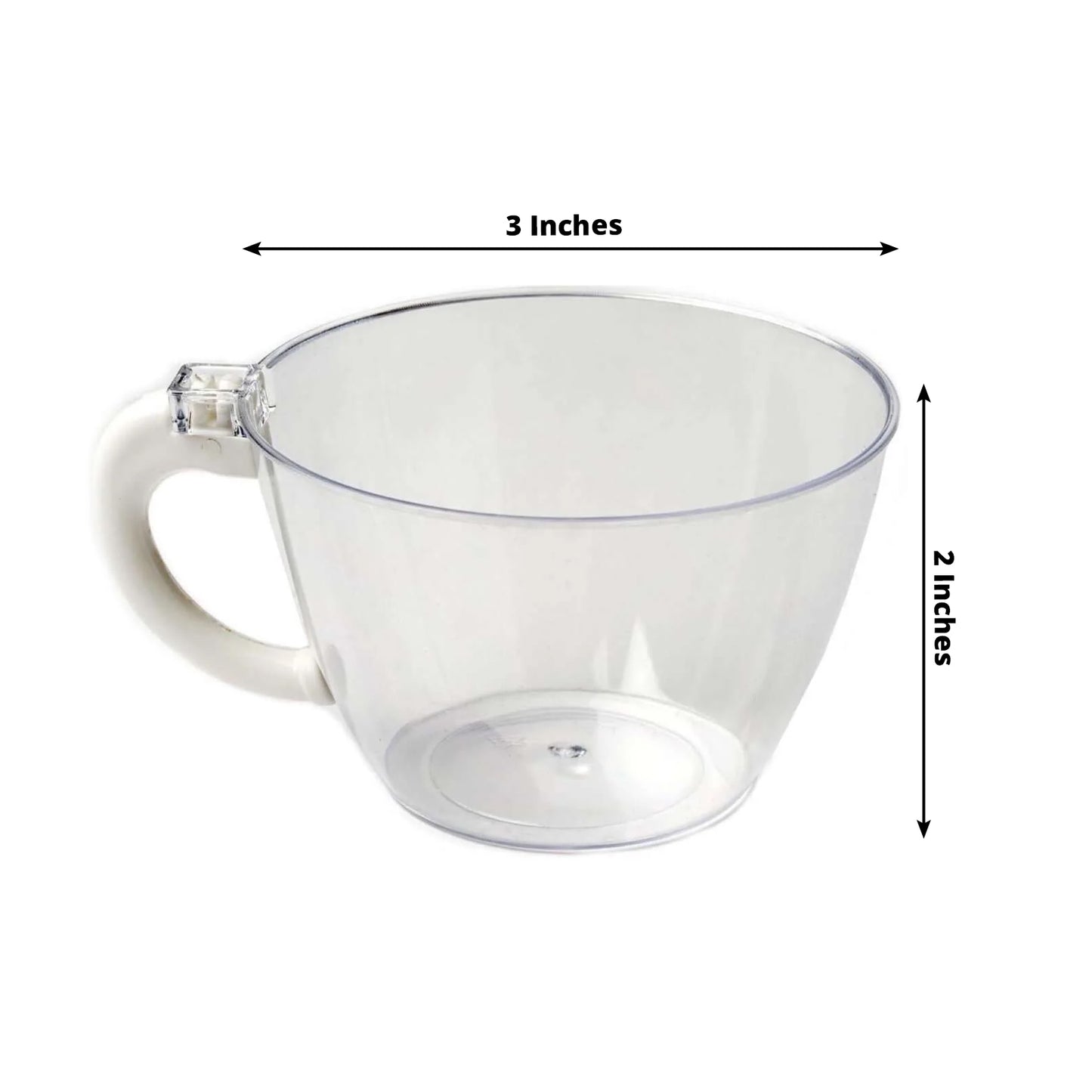 Clear disposable plastic coffee cup with handle, ideal for hot beverages.