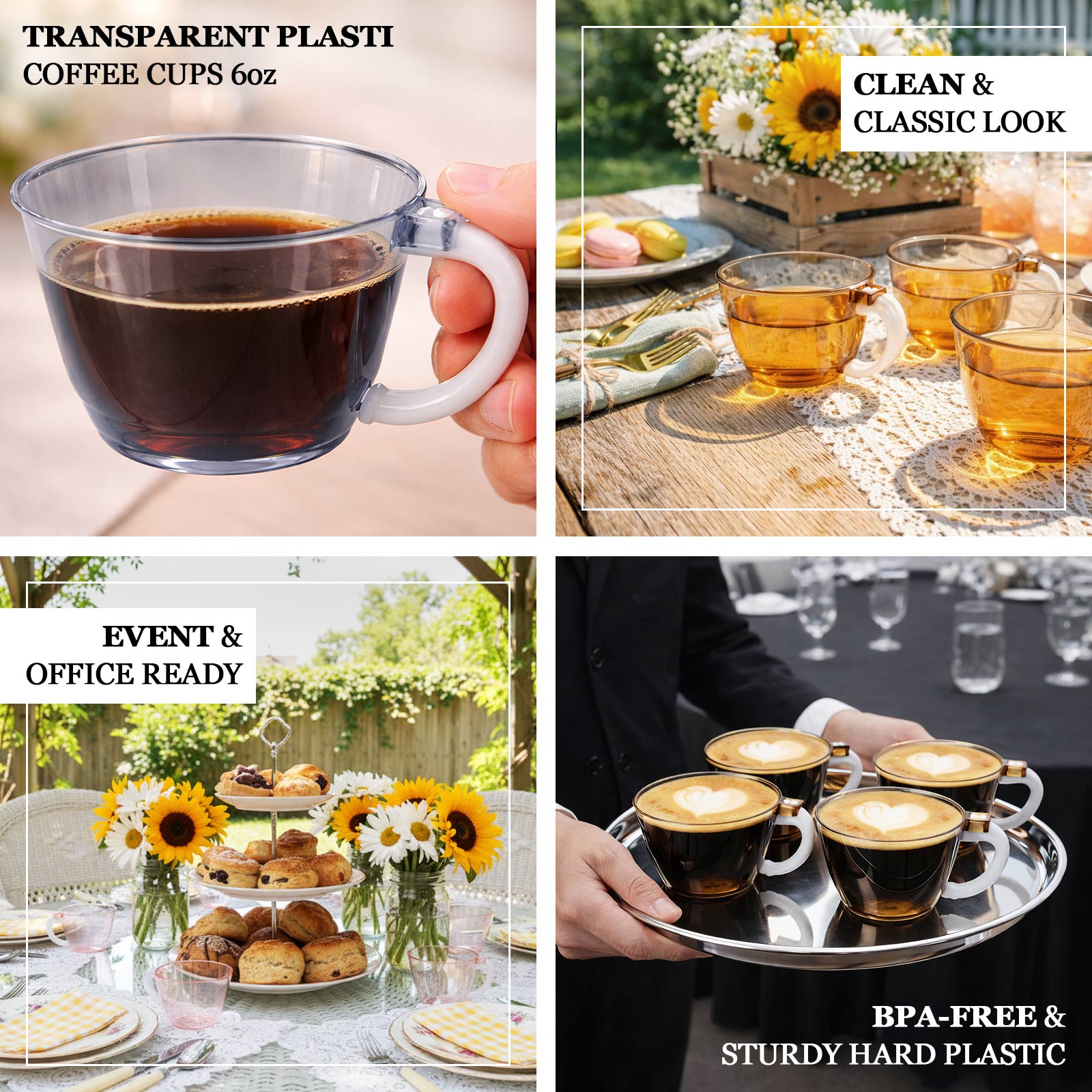 Amber gold disposable plastic coffee cups with handles, perfect for hot beverages.