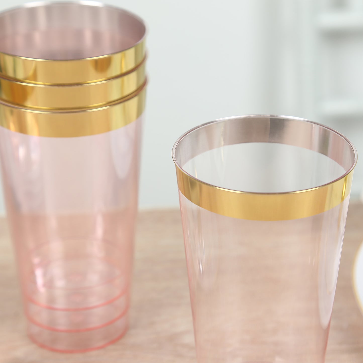 12 Pack Transparent Blush Plastic Cups Drinking Tumblers with Gold Rim, 17oz Disposable Party Cups - 5.5"