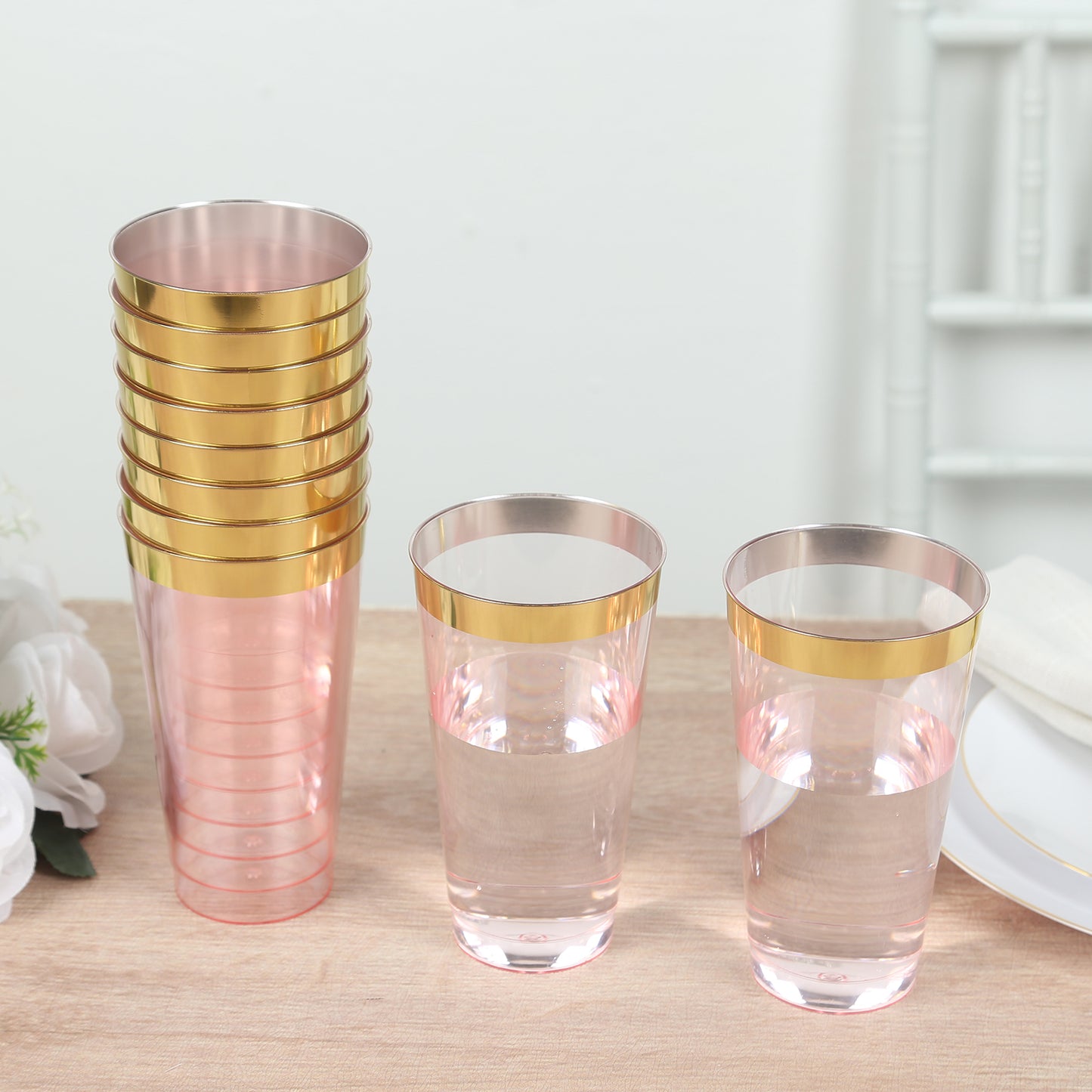 12 Pack Transparent Blush Plastic Cups Drinking Tumblers with Gold Rim, 17oz Disposable Party Cups - 5.5"