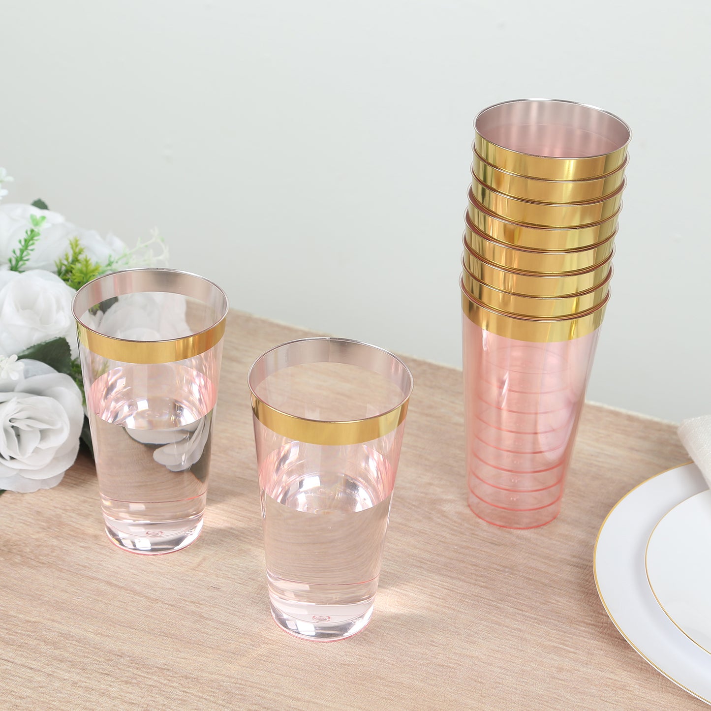 12 Pack Transparent Blush Plastic Cups Drinking Tumblers with Gold Rim, 17oz Disposable Party Cups - 5.5"