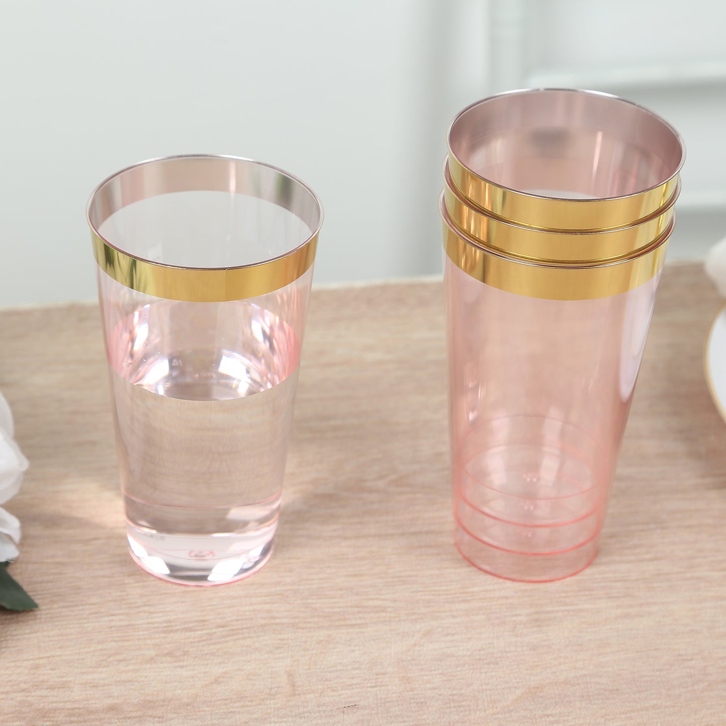 12 Pack Transparent Blush Plastic Cups Drinking Tumblers with Gold Rim, 17oz Disposable Party Cups - 5.5"