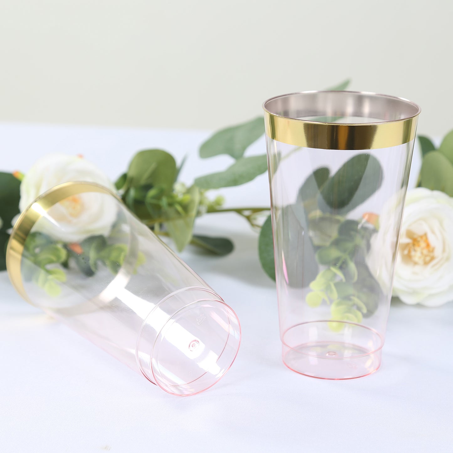 12 Pack Transparent Blush Plastic Cups Drinking Tumblers with Gold Rim, 17oz Disposable Party Cups - 5.5"