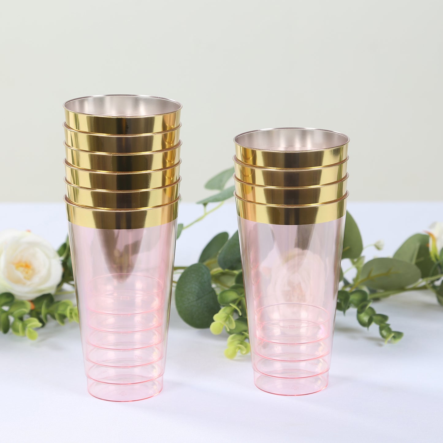 12 Pack Transparent Blush Plastic Cups Drinking Tumblers with Gold Rim, 17oz Disposable Party Cups - 5.5"