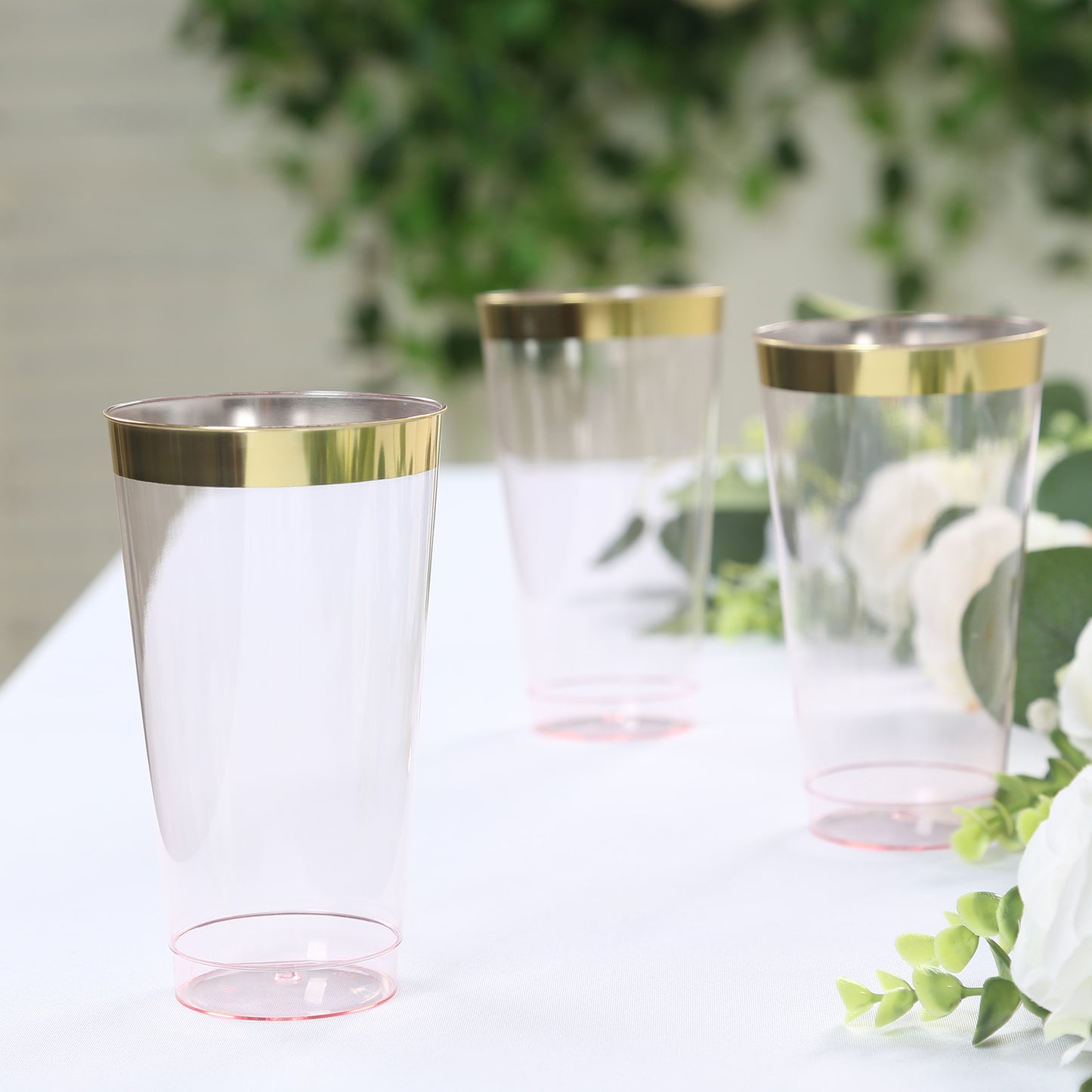 12 Pack Transparent Blush Plastic Cups Drinking Tumblers with Gold Rim, 17oz Disposable Party Cups - 5.5"