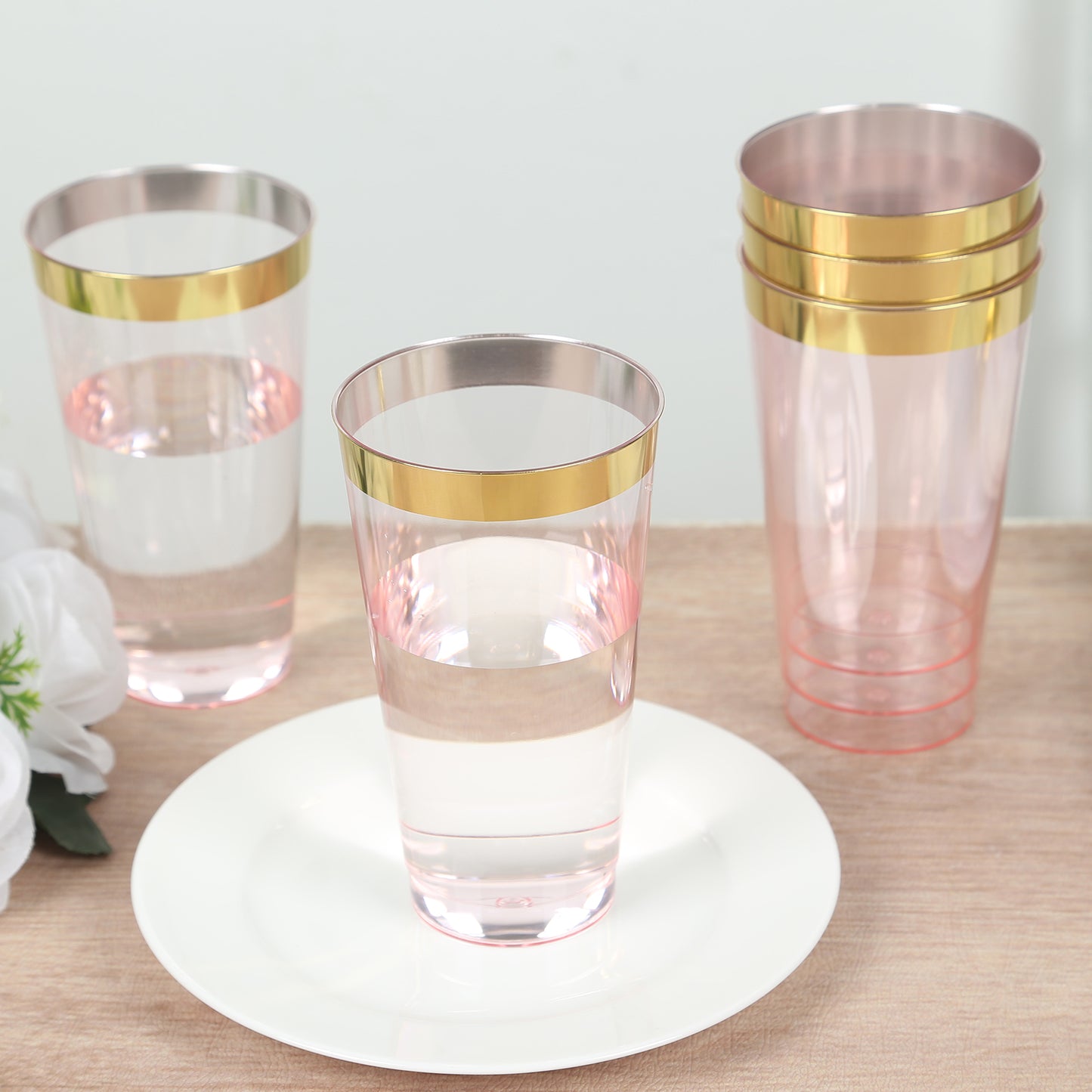 12 Pack Transparent Blush Plastic Cups Drinking Tumblers with Gold Rim, 17oz Disposable Party Cups - 5.5"