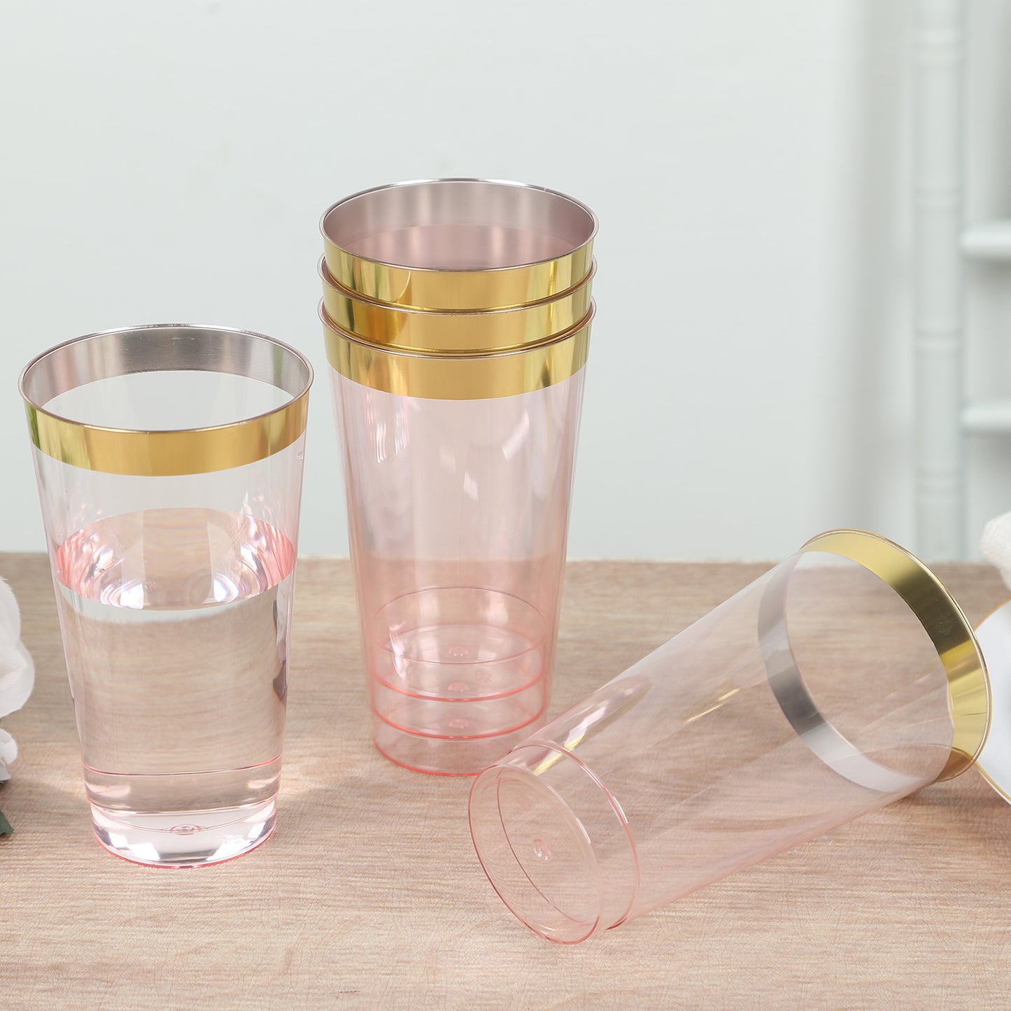 12 Pack Transparent Blush Plastic Cups Drinking Tumblers with Gold Rim, 17oz Disposable Party Cups - 5.5"