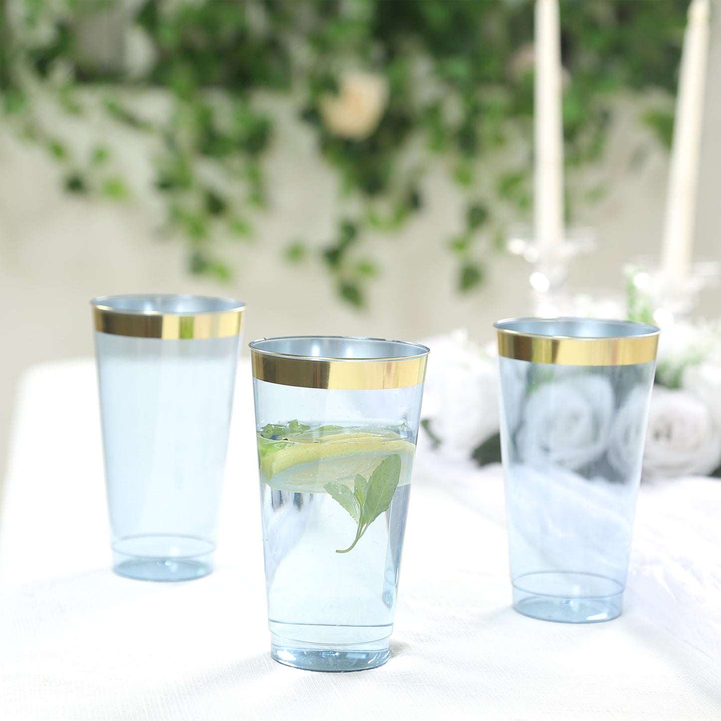 12 Pack Transparent Dusty Blue Plastic Cups Drinking Tumblers with Gold Rim, 17oz Disposable Party Cups - 5.5"