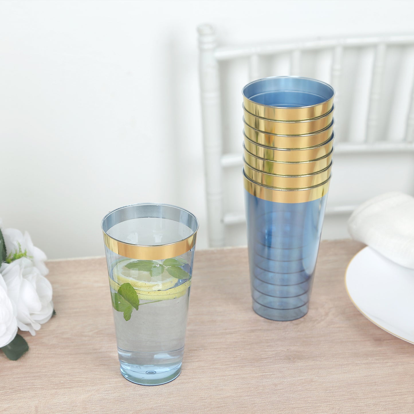 12 Pack Transparent Dusty Blue Plastic Cups Drinking Tumblers with Gold Rim, 17oz Disposable Party Cups - 5.5"