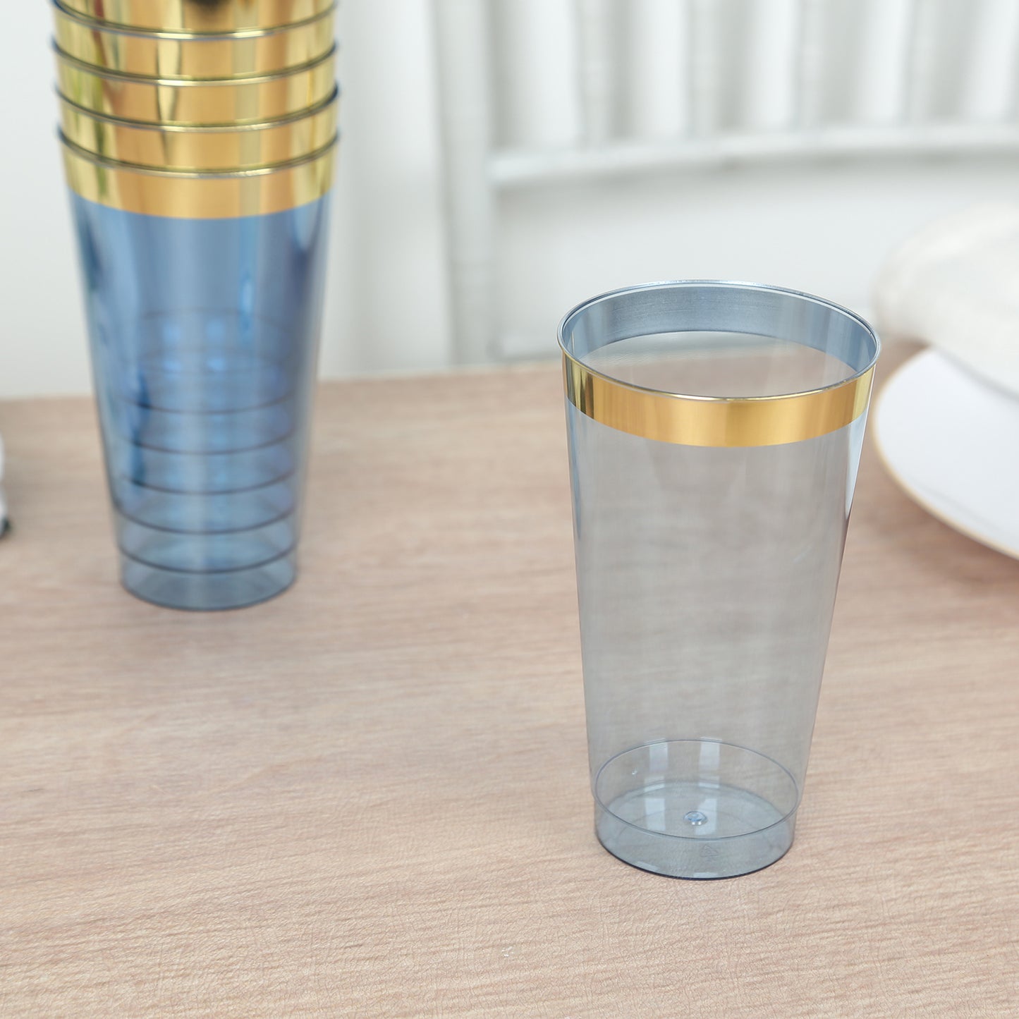 12 Pack Transparent Dusty Blue Plastic Cups Drinking Tumblers with Gold Rim, 17oz Disposable Party Cups - 5.5"