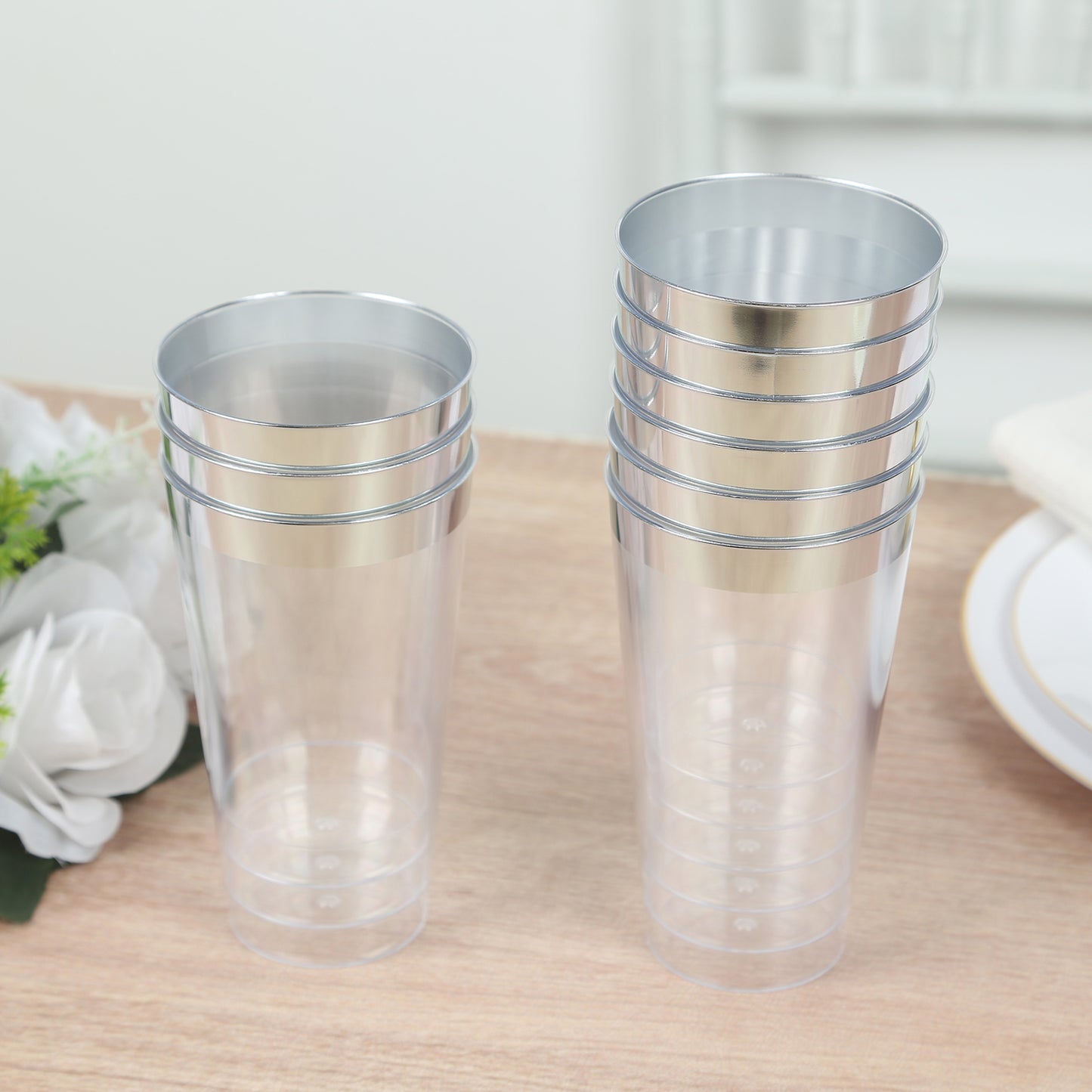 12 Pack Clear Plastic Cups Drinking Tumblers with Silver Rim, 17oz Disposable Party Cups - 5.5"