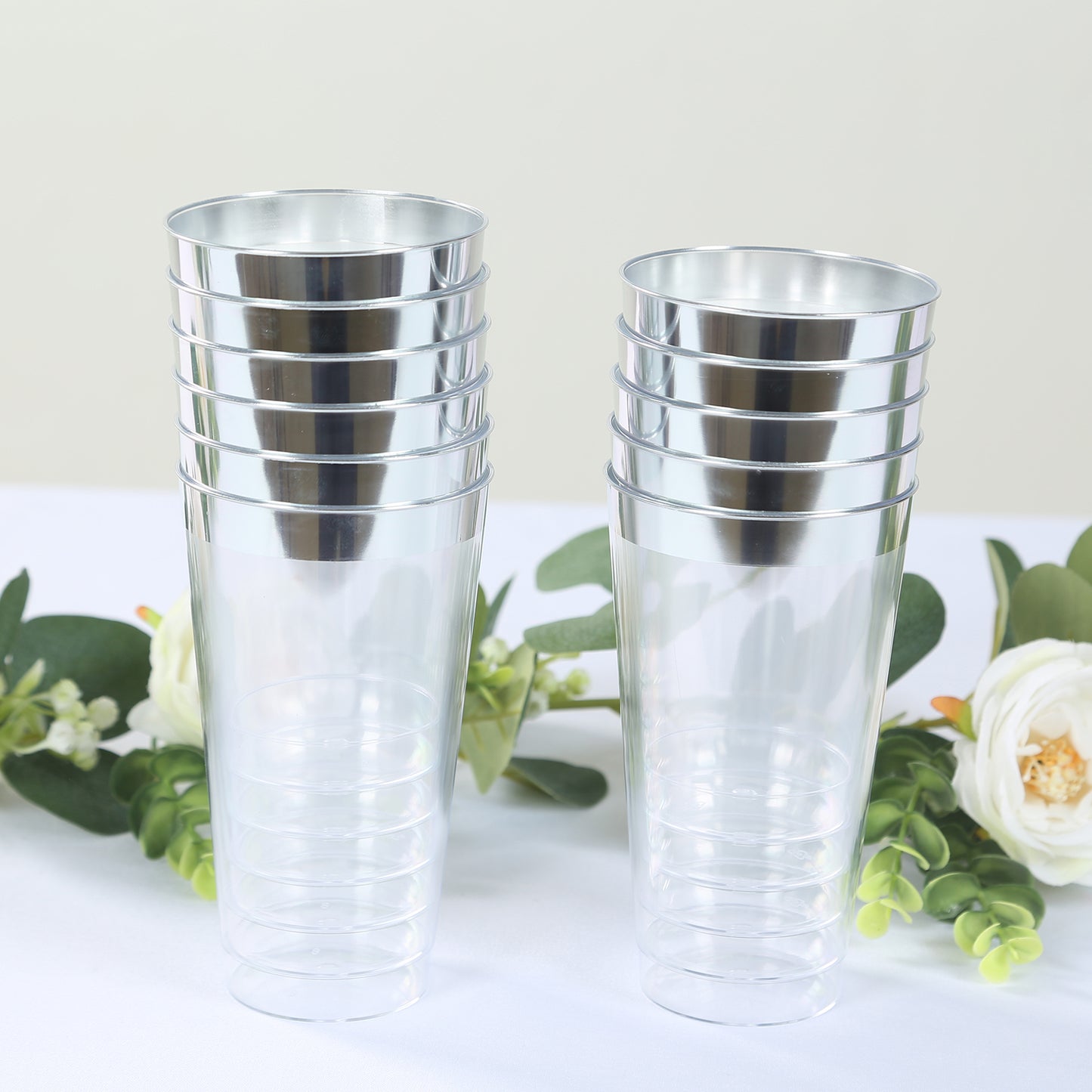 12 Pack Clear Plastic Cups Drinking Tumblers with Silver Rim, 17oz Disposable Party Cups - 5.5"